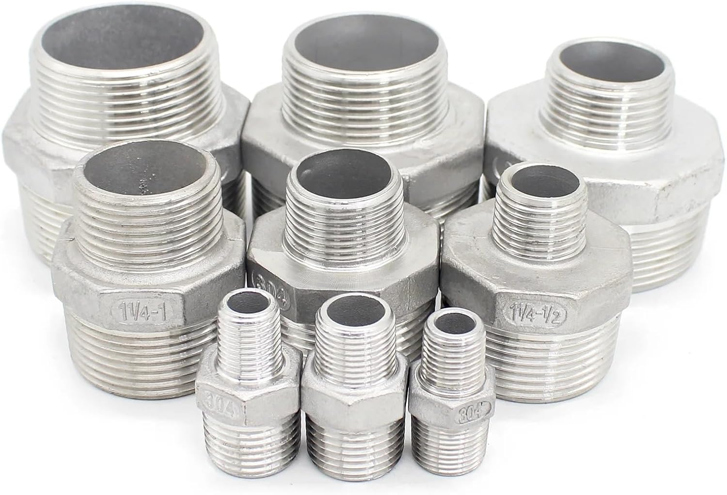 SAP 304 Male Reducer Hex Nipple SS304 BSPT Male thread Reducing connector Male Hex adapter Stainless Steel BSPT Male Fittings(1I2inchX3I8inch 39g)