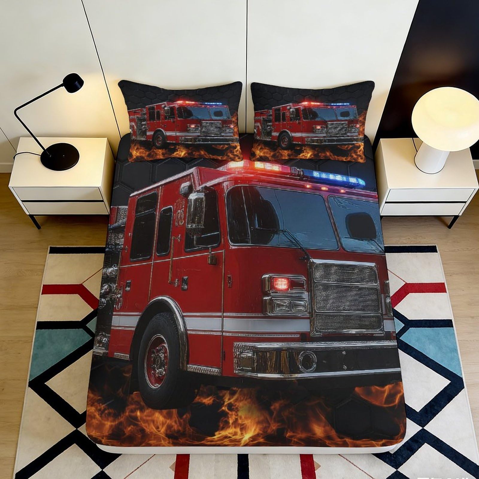 Pnayamiorkfel Style-9 3D Printed Fire Truck Fitted Sheet Microfiber Flame Pattern Bed Cover Anti-Slip For Bedroom Dorm Decor Easy Care 90X200x25cm