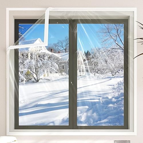 Kit de aislamiento de ventana, película transparente cortable de 63 x 63 pulgadas (63.0 x 63.0 in) con adhesivo de doble cara, plástico transparente