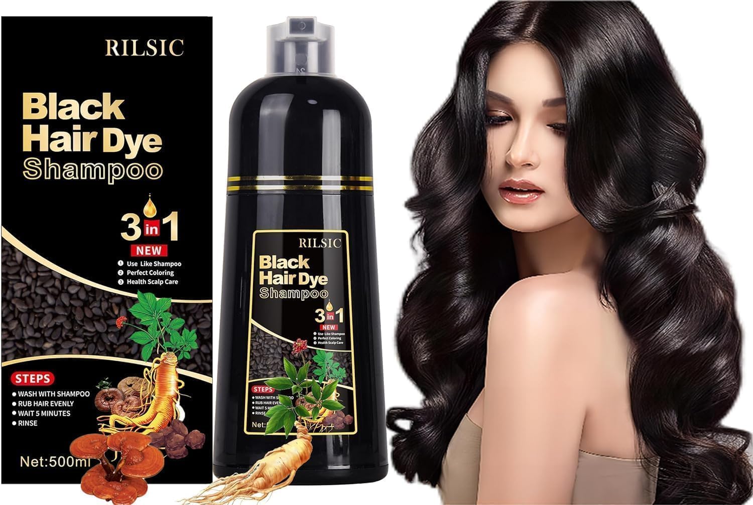 Black Hair Dye Shampoo for Grey Hair Beard Coverage, 500ML Instant Hair Colour Shampoo 3 in 1, Hair Color & Long Lasting Hair Colouring Shampoos for Women Men, Black Hair Dye Coloring in Minutes (Black)
