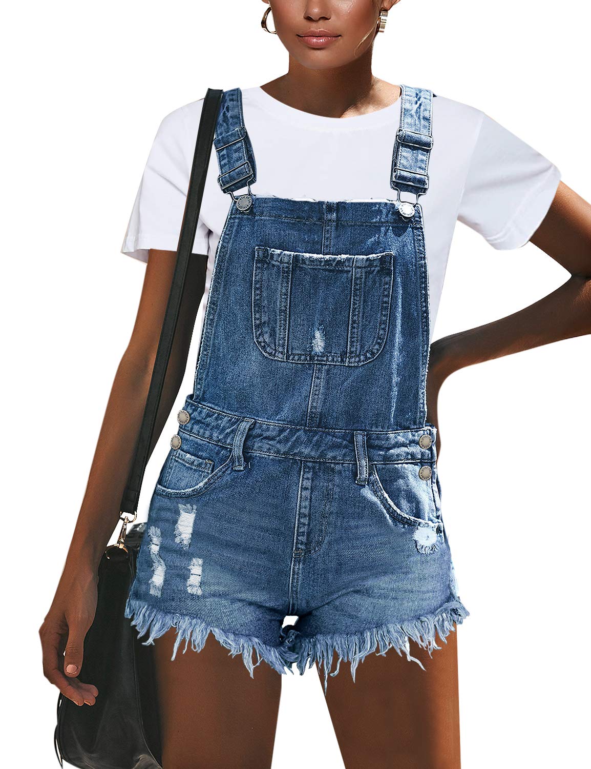 RoskikyWomen's Casual Ripped Denim Overalls Jeans Shorts Pockets Raw Hem Playsuits Rompers