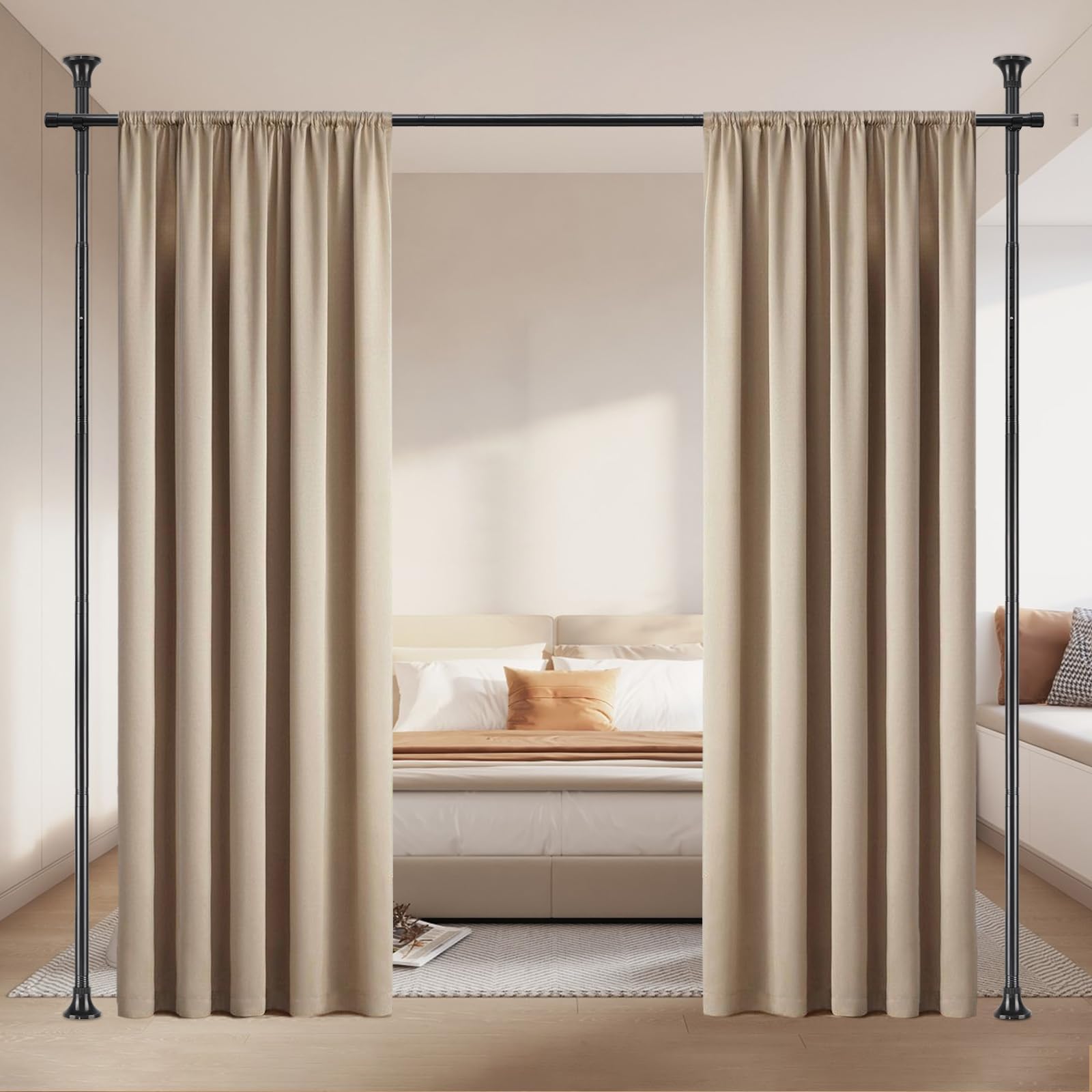 Room Divider Rod, Curtain Rod No Drilling Partition Room Dividers Tension Rod, 4-10ft (H) 48-72inch(W) Floor to Ceiling Room Black