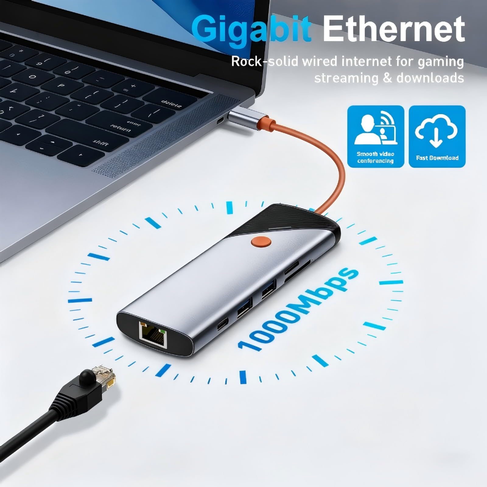 Adattatori multiporte USB C in lega di alluminio 9 in 1 Hub Doppio HDTV 4K 60Hz PD100W Ricarica rapida Gigabit Ethernet per laptop PC desktop Hub USB C con Ethernet