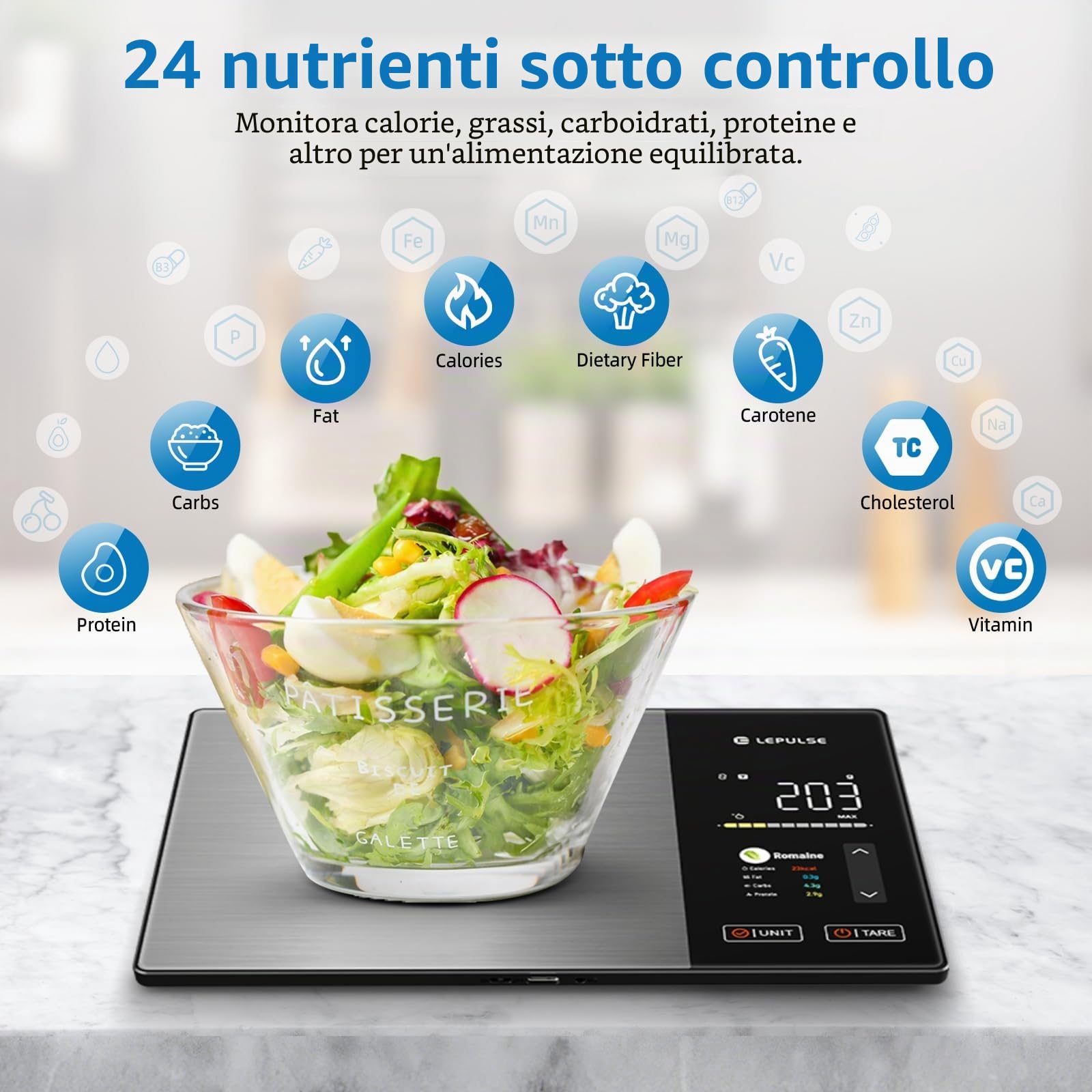 Bilancia da cucina digitale con calcolo dei valori nutrizionali, bilancia per alimenti con 24 analisi nutrizionali, bilancia per alimenti in acciaio inox da 5 kg, display TFT a colori, 50 analisi