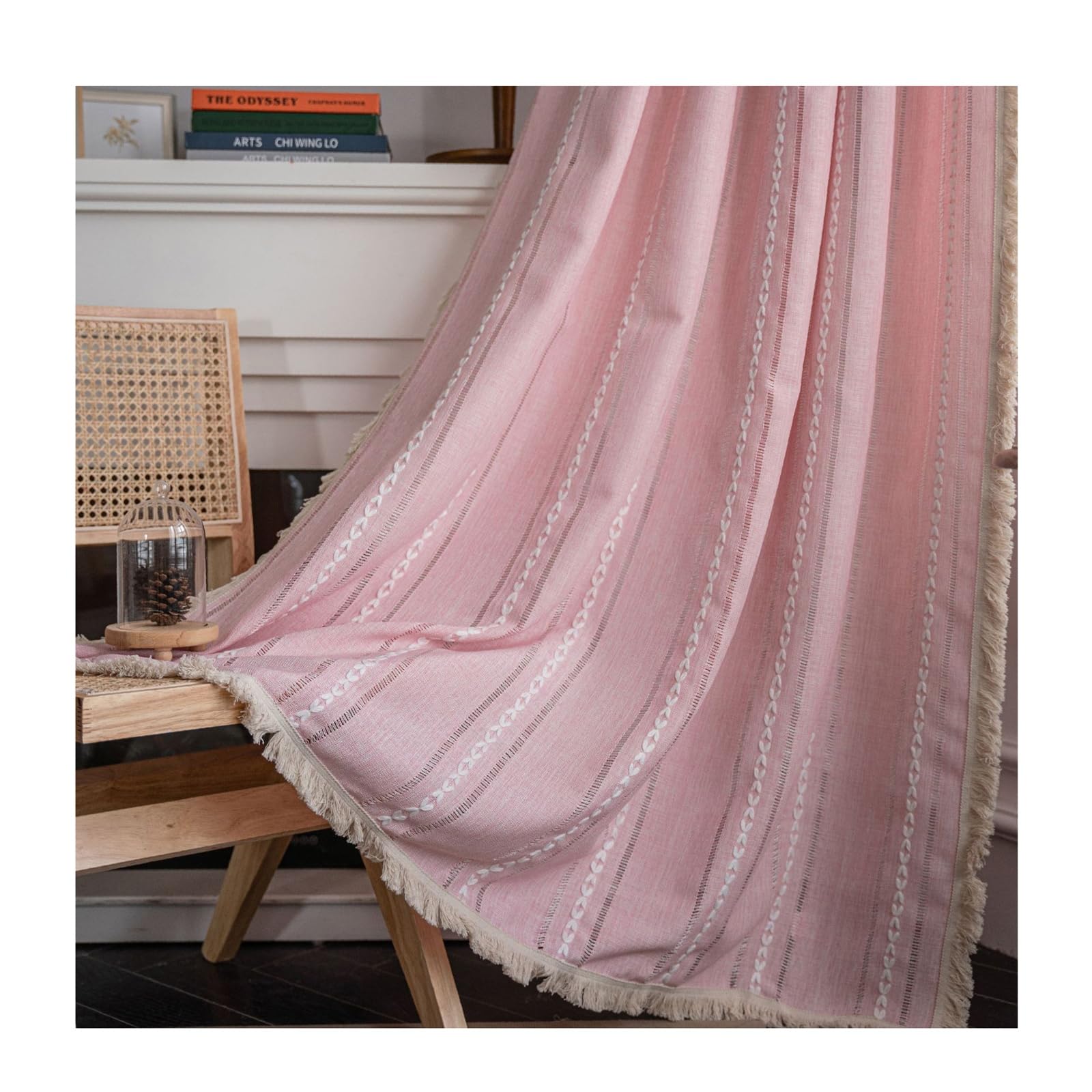 Rideaux rose 264x200cm en coton avec crochets et broderie à pompons pour fenêtre