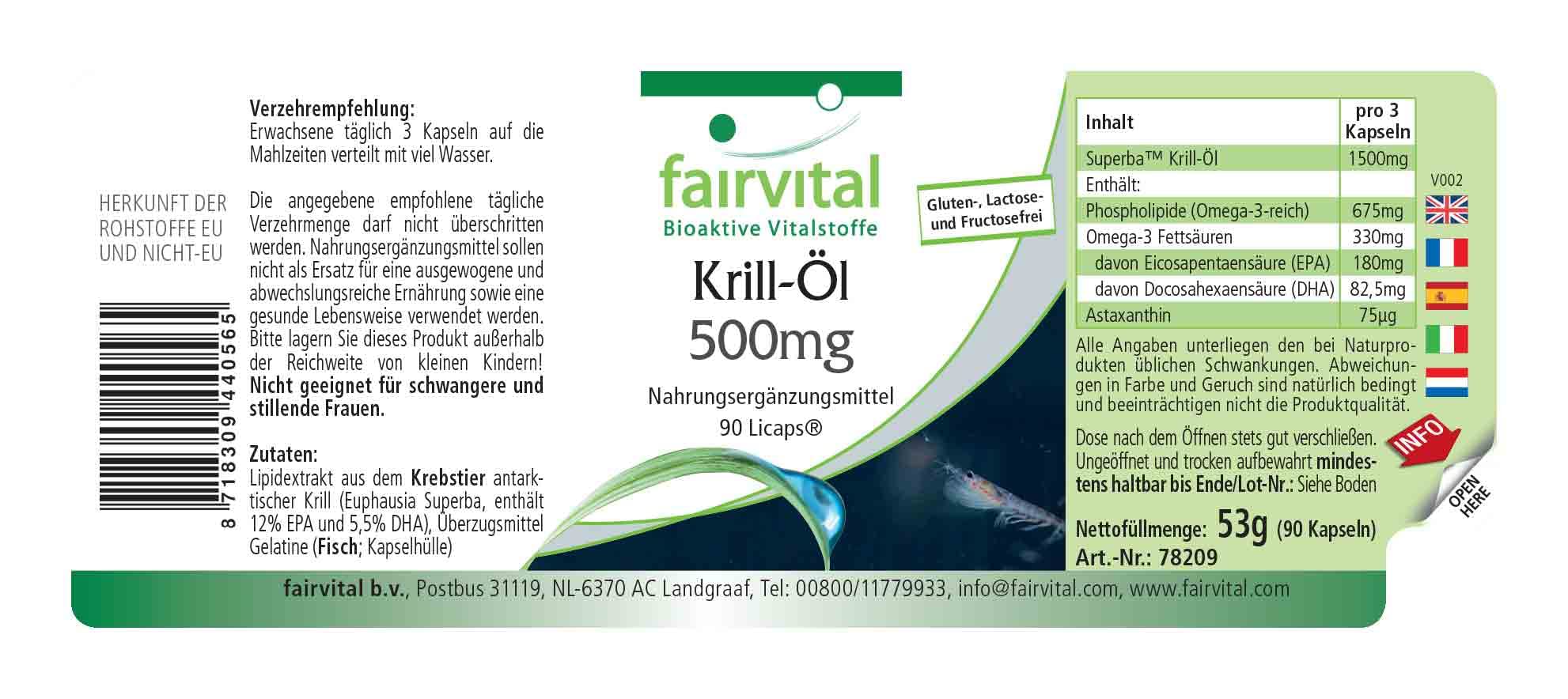fairvital Capsules d'huile de krill 500mg, 90 LiCaps®, HAUTEMENT DOSÉ, Superba Antarctique, riche en EPA et DHA