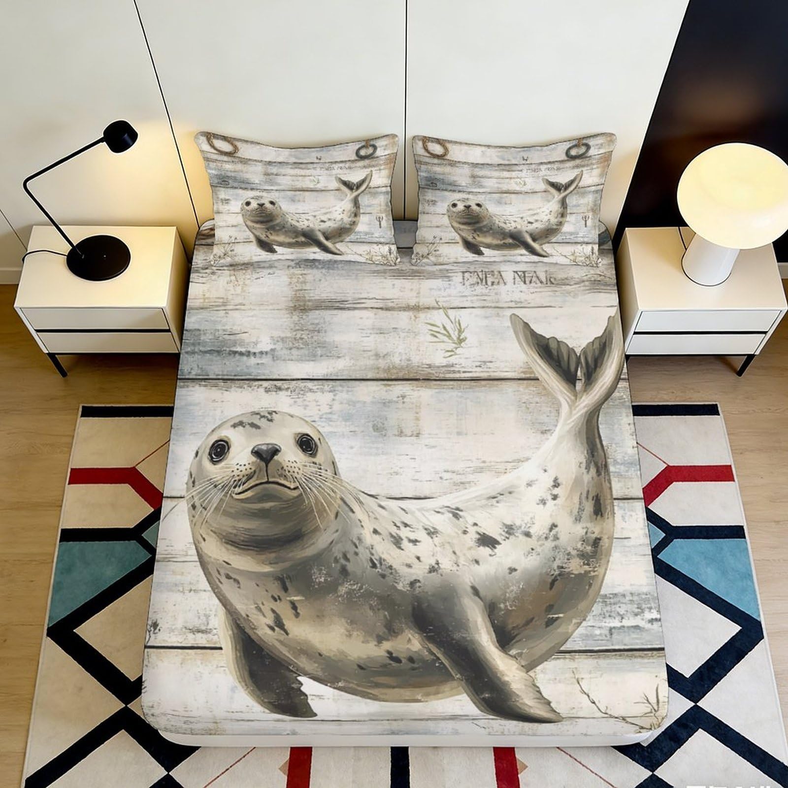 3D Printed Seal Ocean Fitted Sheet Microfiber Soft Mattress Cover for Bedroom Guest Room Decor Dustproof 90x200x25cm