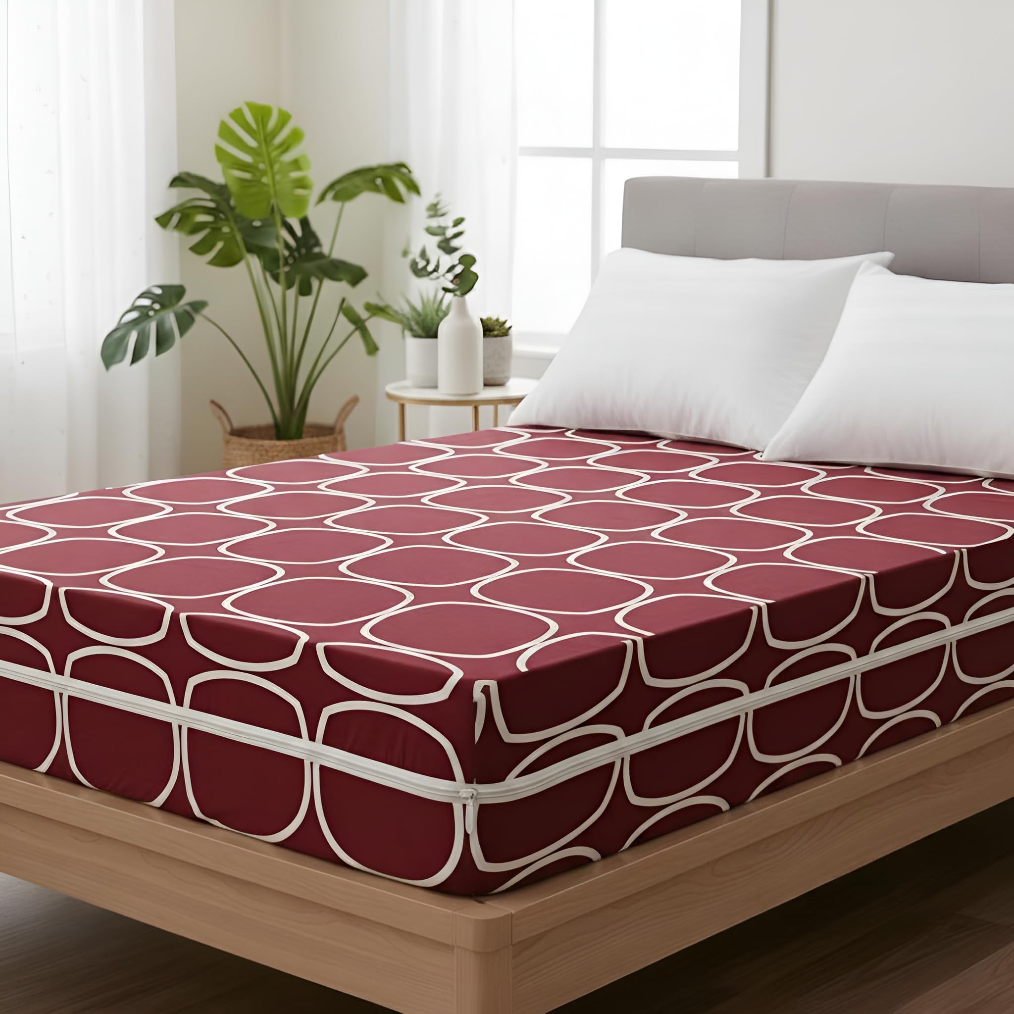 Fairy Down® Cotton Printed Mattress Cover/Protector with Zipper Chain| Protection with 360° Encasing |Single Size Bed - 75x48+6 inches (6.25 x 4 Feet Mattress) - Pack of 1 - Maroon (75x48x6)-image-24
