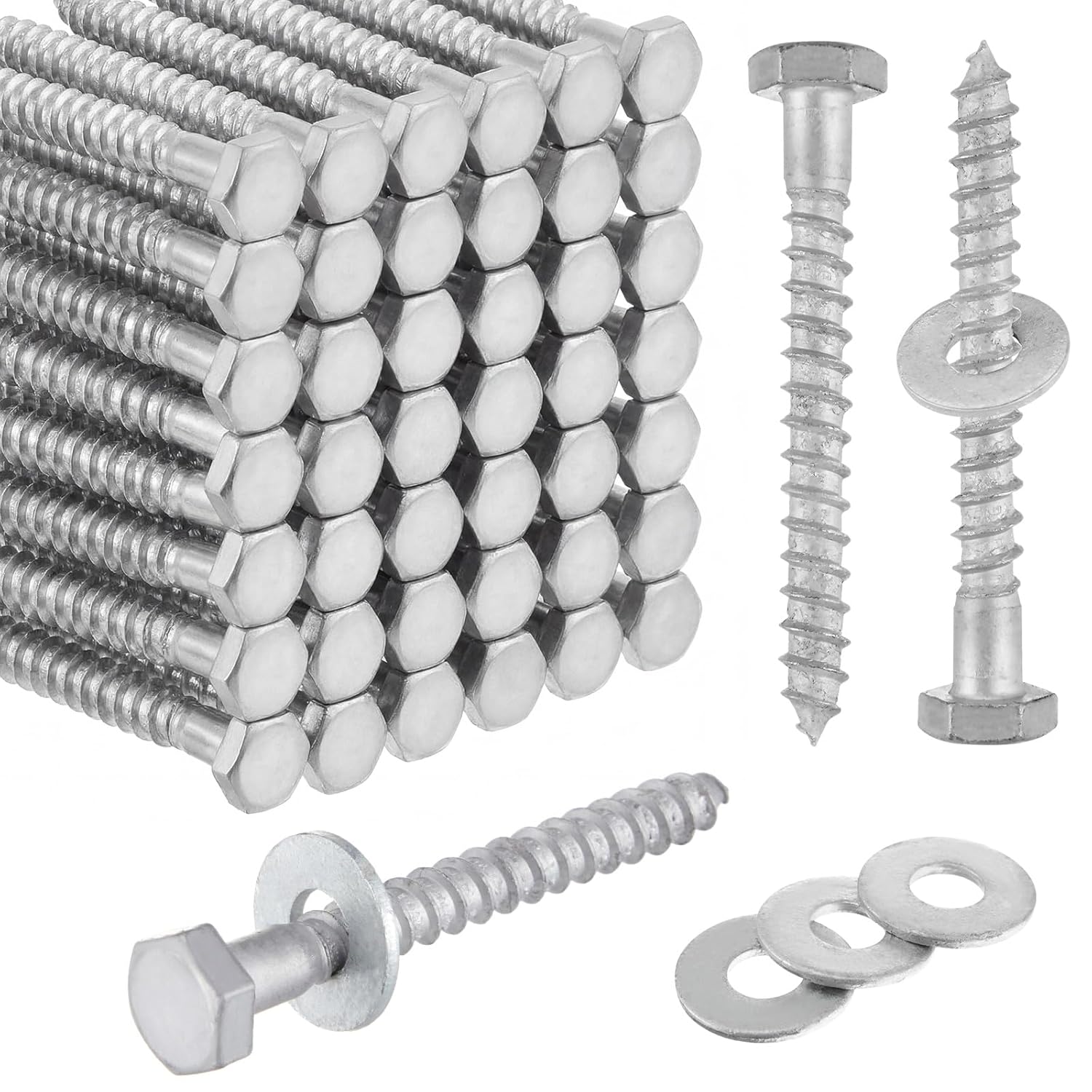 Hicarer 100 Pcs Hex Head Lag Screws Bolts with Washers Kit for Wood Hot Dip Galvanized Lag Bolts Heavy Duty Screws Kit(3/8" X 3.5")