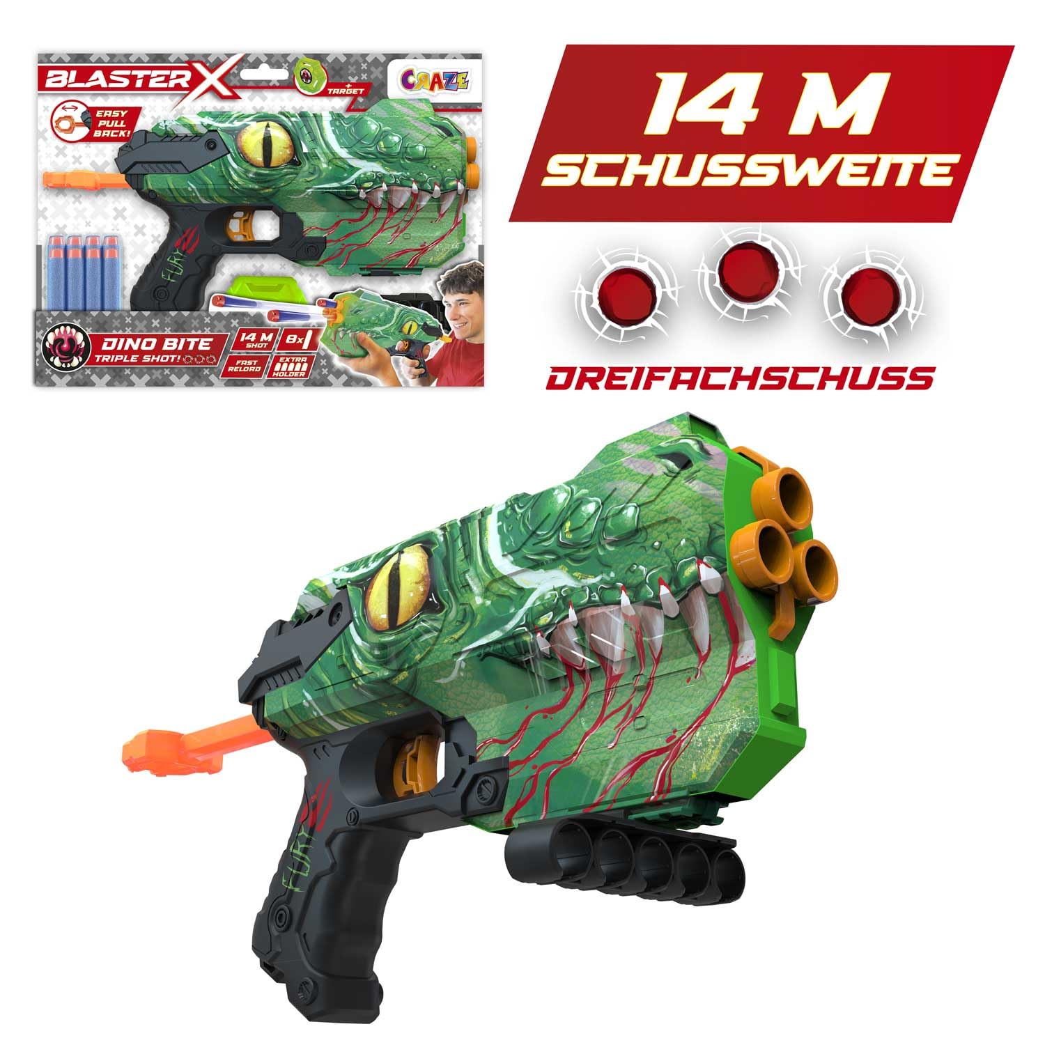 CRAZE BLASTER-X Foam Guns Fury - Children's Foam Gun 30cm, 8 darts, shooting range 14m - Foam explosive toy, 3 Colours, Big - Image 3