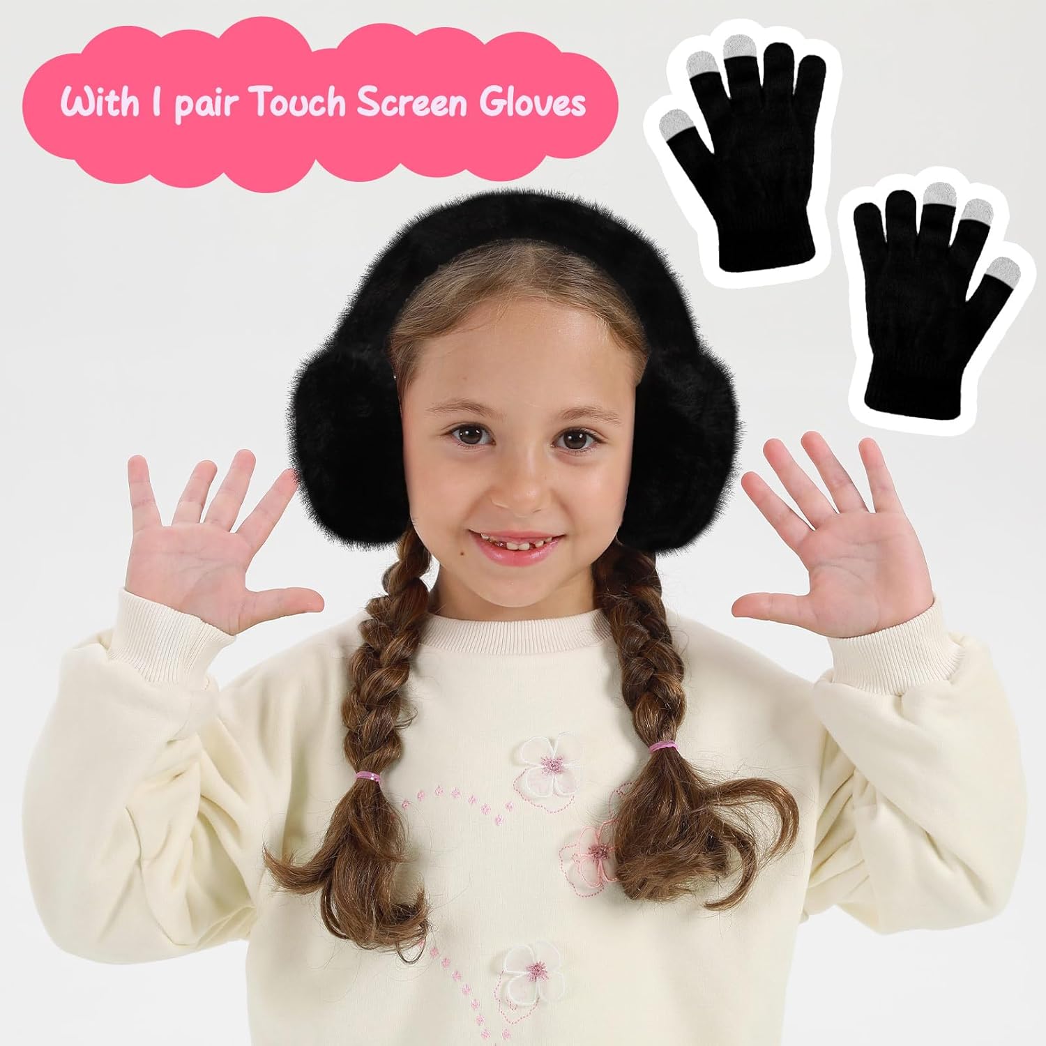 Kids Plush Earmuffs and Gloves Set Girls Boys Winter Faux Fur Ears Muffs Covers Outdoor Ear Warmers Age 7-12 - Image 3