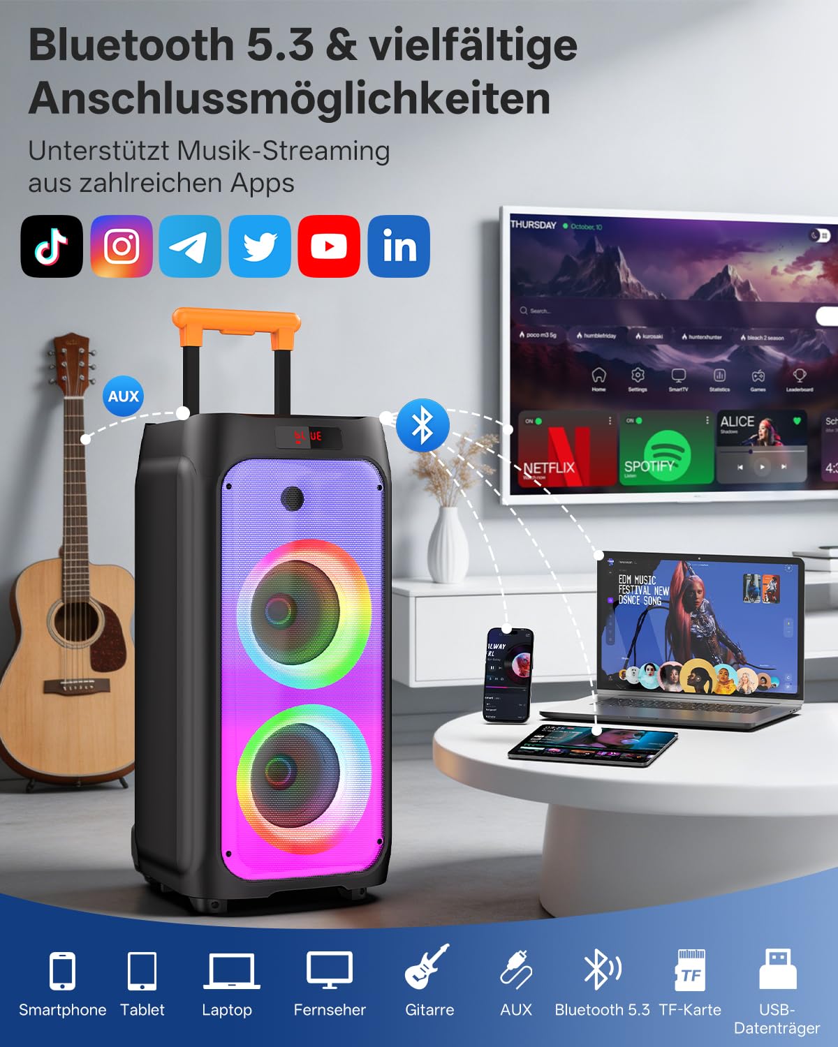 JYX Karaoke Anlage mit 2 drahtlosen Mikrofonen, Bluetooth Party Lautsprecher mit Rädern, Disco Lichtern und Subwoofer, 500W PA System für Party, Outdoor und Karaoke, TWS/SD/USB/AUX/Rec