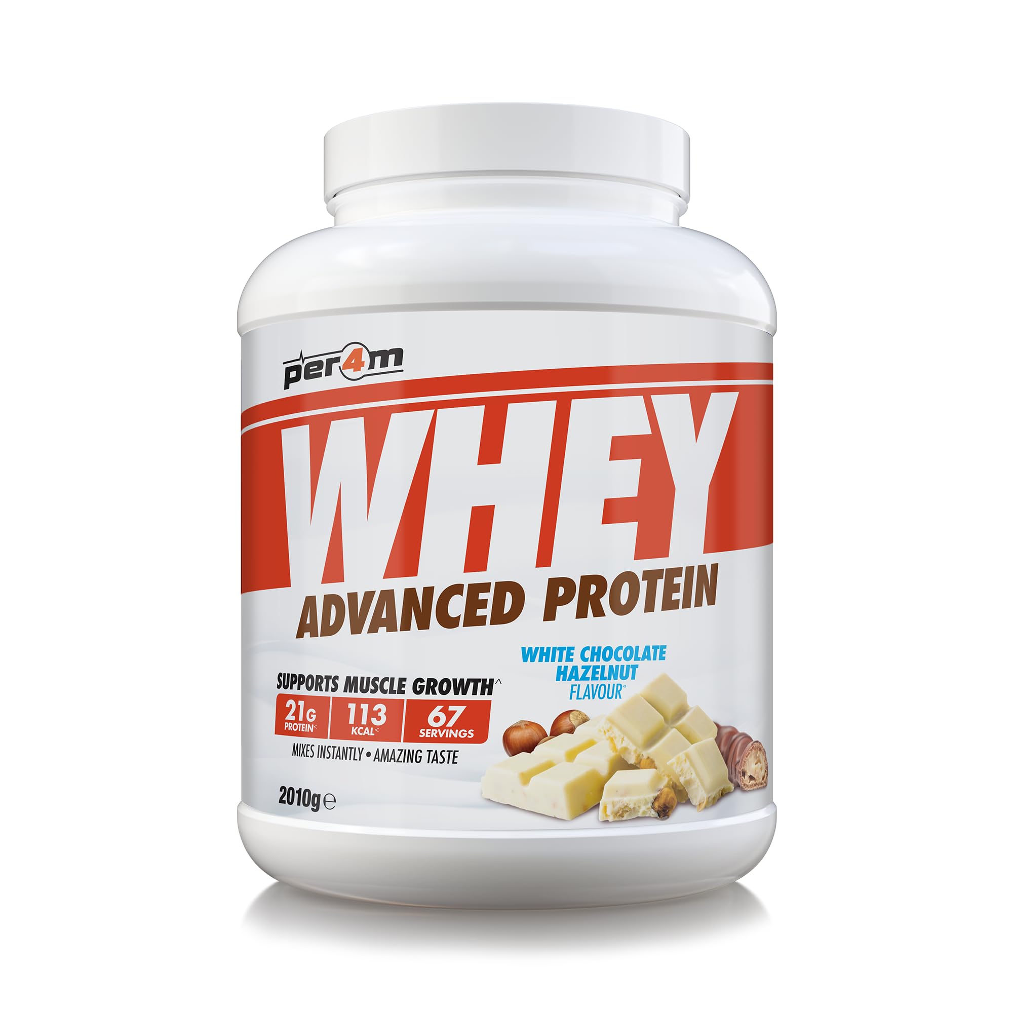 Per4m Whey Protein Powder | High Protein Shake for Muscle Growth & Recovery | Low Sugar Gym Supplement | Sports Nutrition Drink + Amino Acids (2010g, White Chocolate Hazelnut)