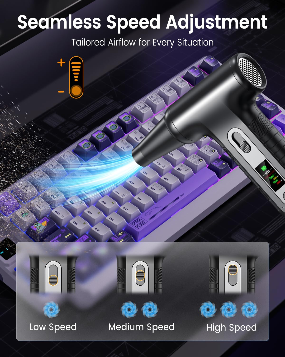 Elektrische Staubgebläse 200000 RPM HD-Display Air Duster Mini-Gebläse PC-Reinigung LED-Licht Druckluftspray Tastatur Elektronik W06 Schwarz