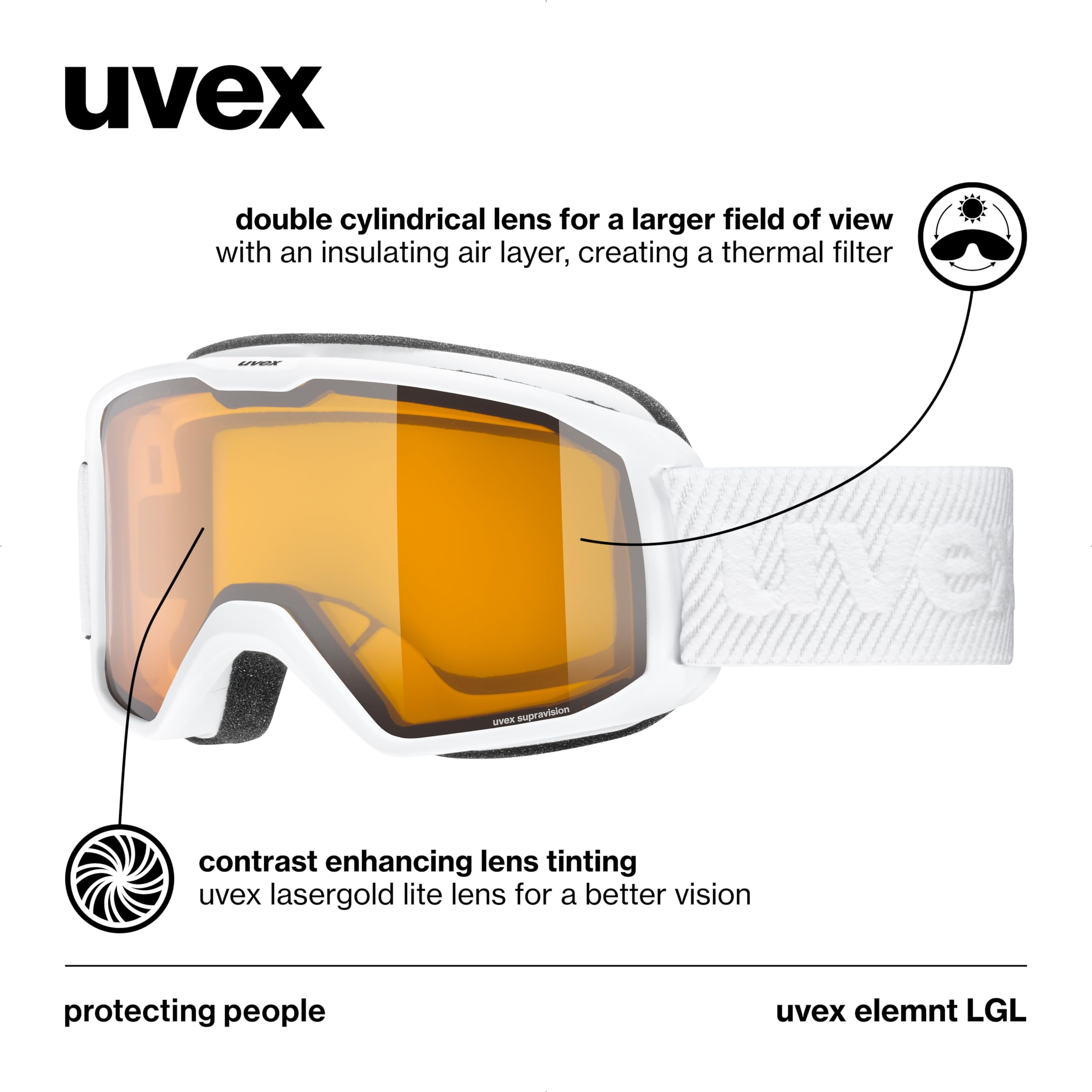 uvex elemnt LGL - gogle narciarskie unisex - wzmacniające kontrast - powiększony zakres widzenia bez efektu zaparowania - white/lasergold lite-clear - one size