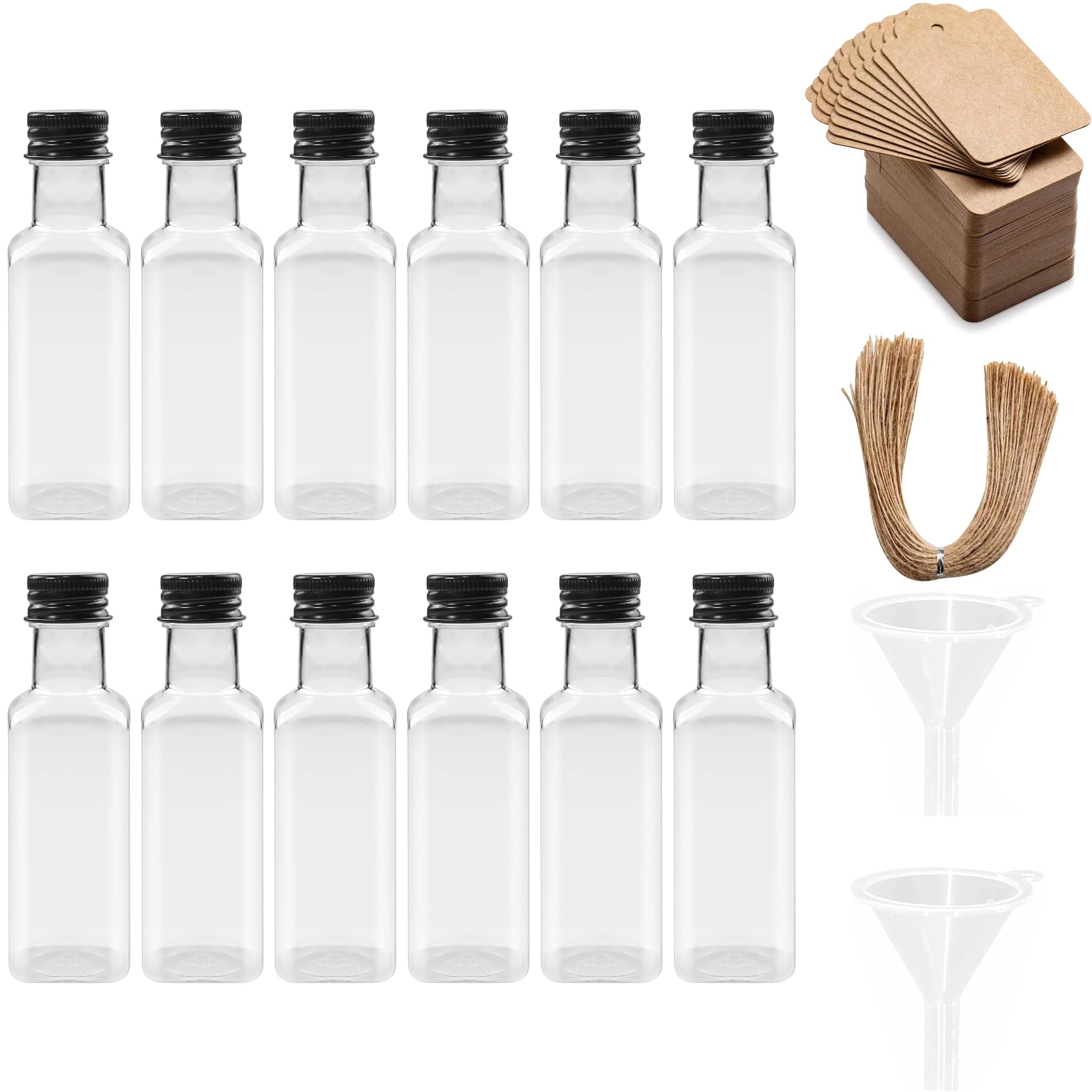 12 Pezzi Piccole Bottiglie da 50ml per riempire, Mini Bottiglie di Liquore con Coperchio e Imbuto Neri, Bottiglie Riutilizzabili per Festa di Nozze (Quadrata)