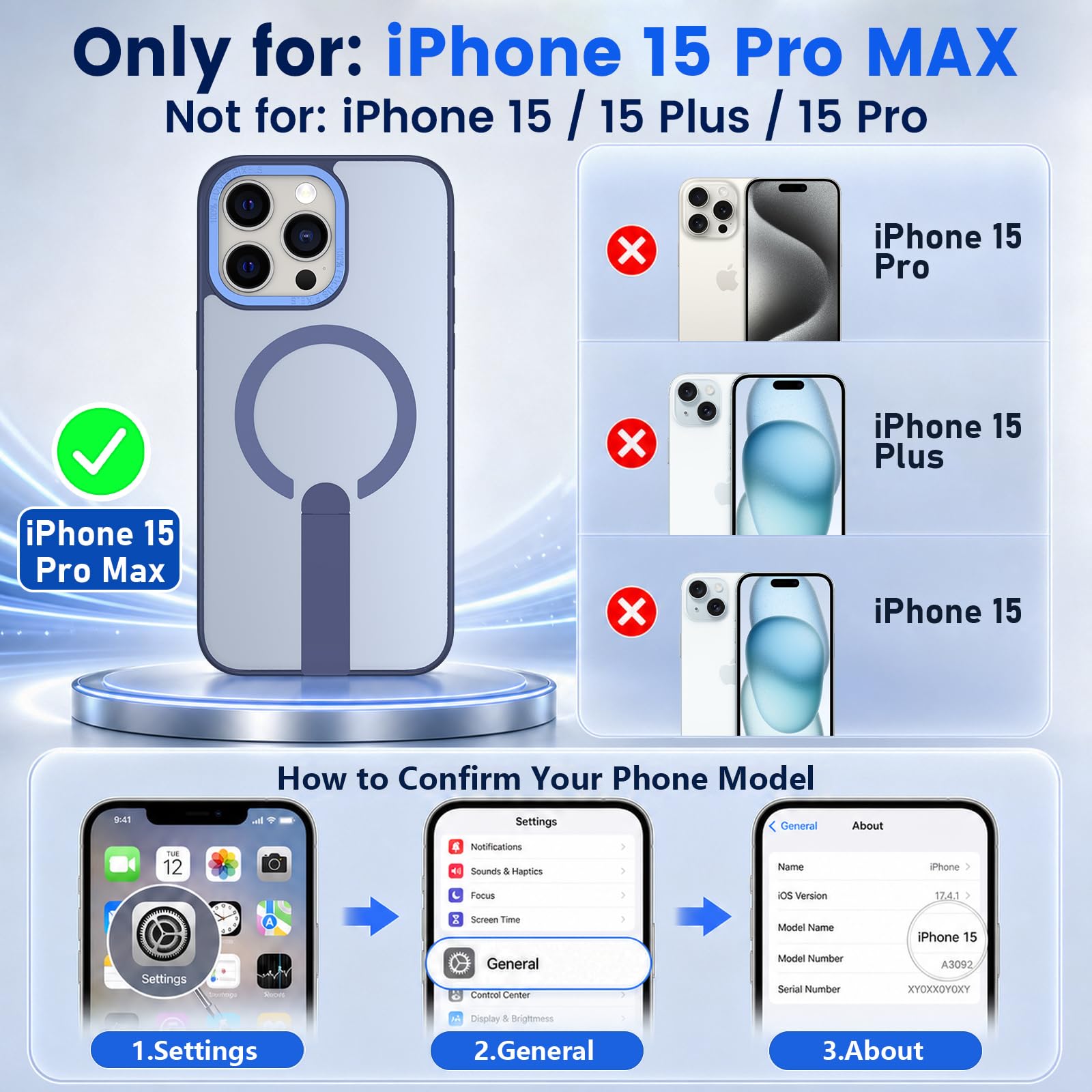 Cover magnetica per iPhone 15 con MagSafe & 2 lenti temperate, custodia antiurto con magnete N52, ultra leggera con supporto in metallo e rivestimento anti-impronta blu