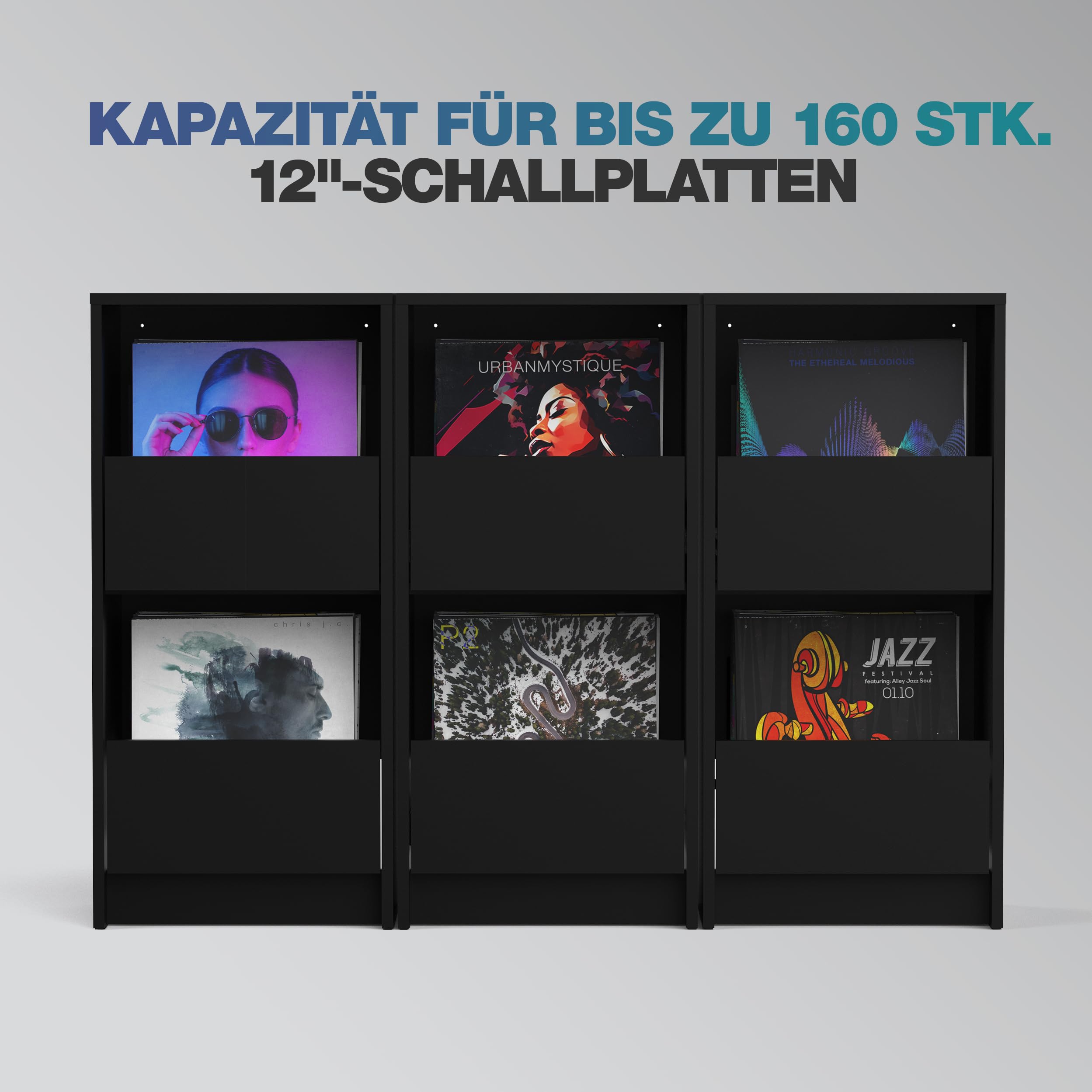 Glorious Vinyl Vault - Armadio per dischi con cassetti a chiusura morbida per LCD da 12", spazio per 160 album, design modulare, nero