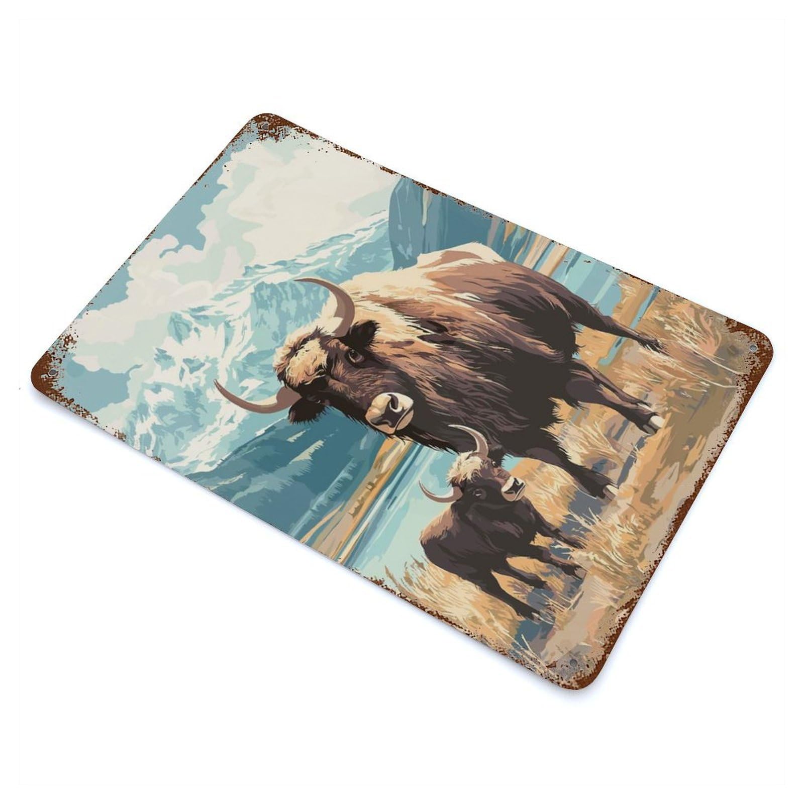 Yak And Calf in Mountain Landscape Vintage Wall Sign 11.8"x7.9", Rust Effect Metal Decor for Office, Studio And Wall Decor