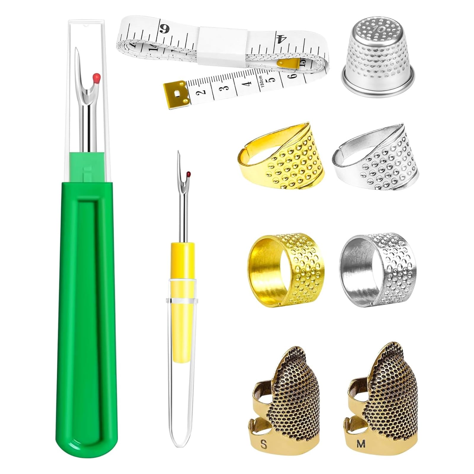 10Pcs Metal Sewing Thimble - Anti-Slip Thimbles Ring with Seam Ripper and Measuring Tape