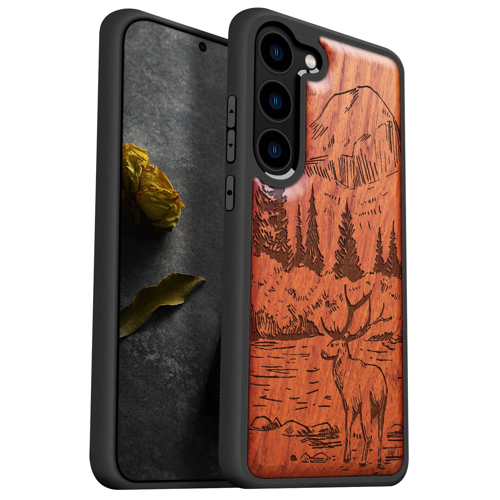 Carveit Wood Case for Galaxy S23 Case [Natural Wood & Black Soft TPU] Shockproof Protective CoverWooden Design Compatible with Samsung S23 (Mountains