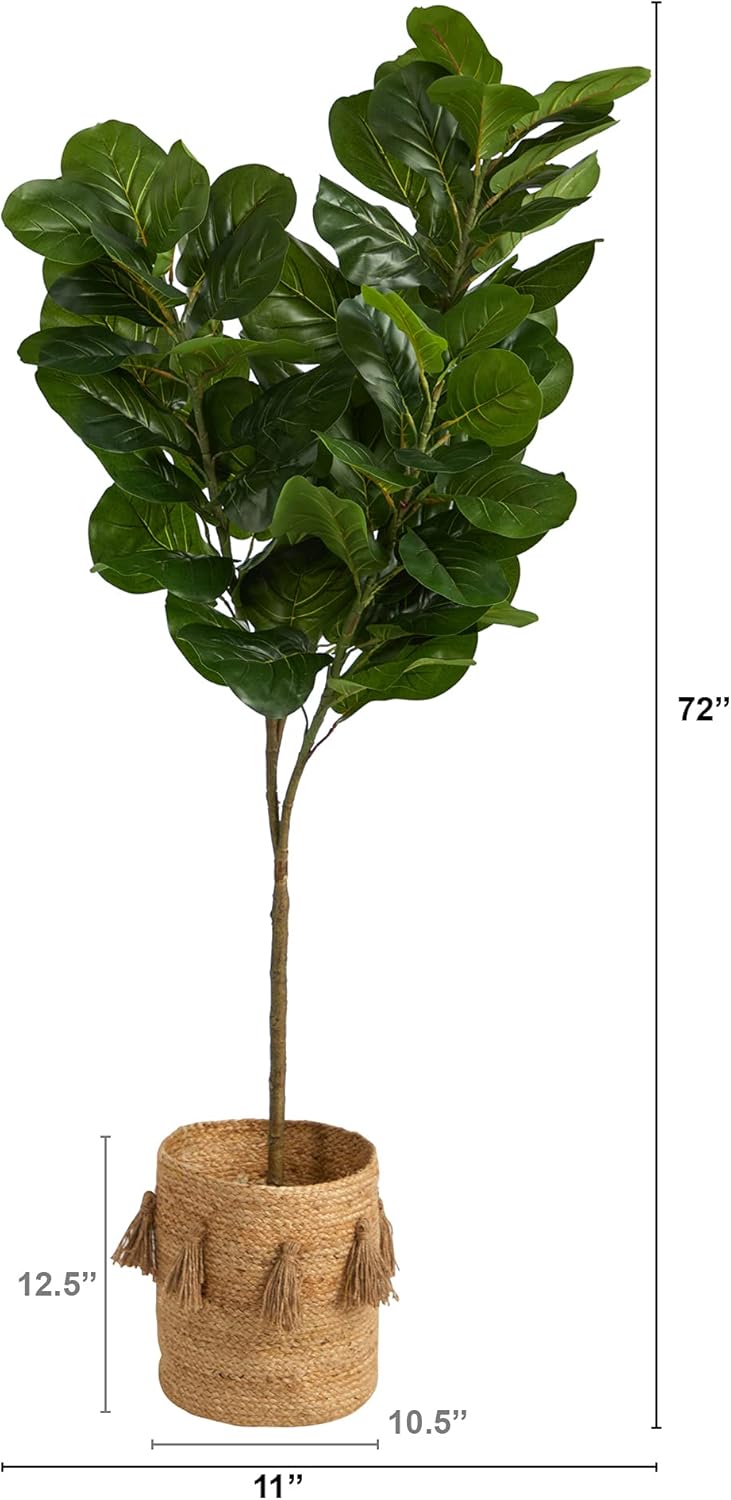 Nearly Natural 6ft. Fiddle Leaf Fig Artificial Tree in Handmade Natural Jute Planter with Tassels