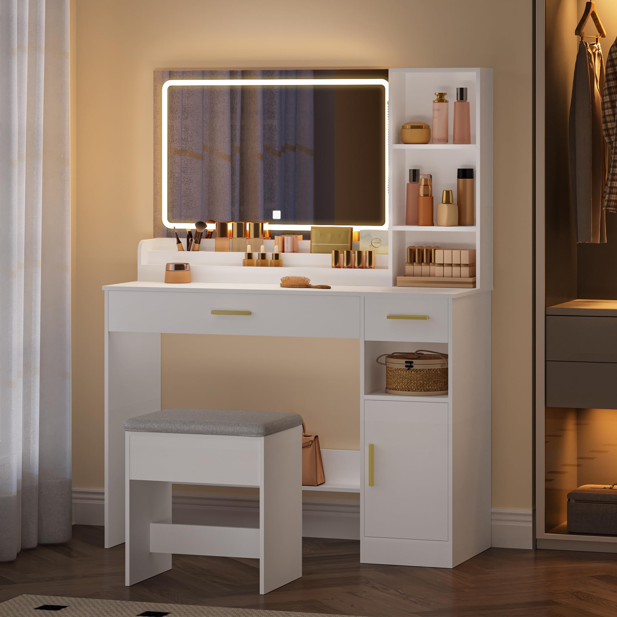 HEXCELEN Tocador con Taburete, Tocador de Maquillaje con Espejo y Luces LED con Brillo Ajustable, Mesa de Maquillaje, 2 Cajones, 4 Compartimentos y 1 Armario, 40 x 108 x 141 cm Blanco