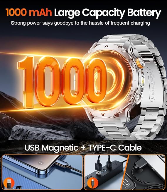 LIGE Military Smart Watch for Men, 1000mAh Battery, LED Flashlight/1.85'' HD Smartwatch, 100 Sports Modes, IP68 Waterproof Fitness Tracker, 3 Bands, USB & Type-C Charger for Android iOS, Sliver