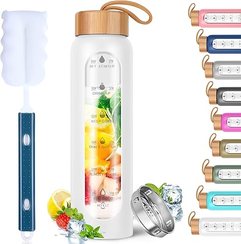 Miniatura 7 de Aqulea Botellas de agua de vidrio de 32 onzas con funda de silicona, botellas de agua motivacionales de vidrio de boca ancha reutilizables sin BPA