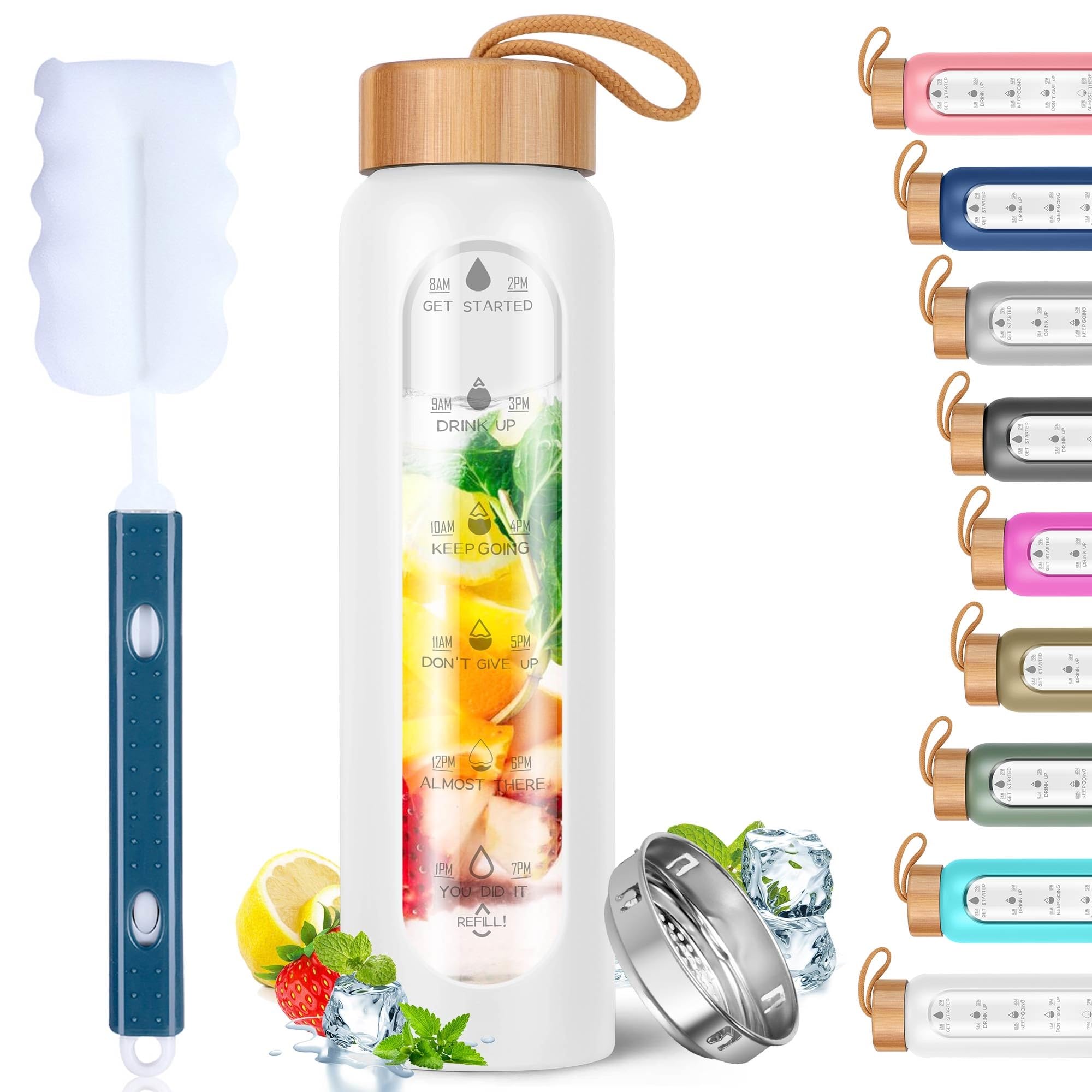 Aqulea Glass Water Bottles 25 Oz with Silicone Sleeve - BPA Free Reusable Wide Mouth Glass Motivational Water Bottles with Fruit Infuser – Leak Proof Borosilicate Water Bottle with Time Marker (White)