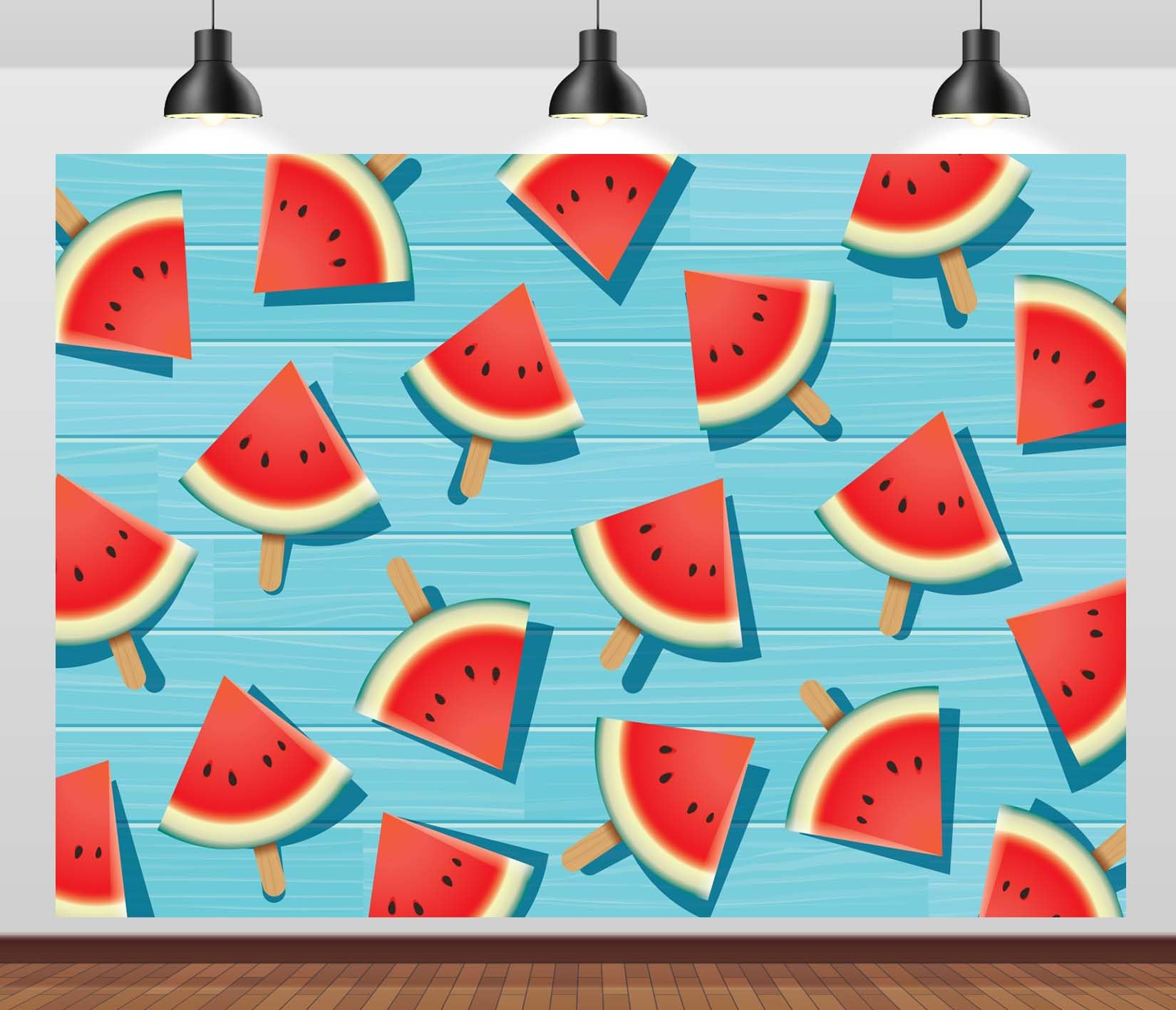 Stoff 4.5x2.5m Wassermelonen EIS am Stiel Hintergrund Wassermelonen Scheibe EIS am Stiel Blauer Holzhintergrund Sommerfrucht Fotohintergrund für Sommer Poolparty Kindergeburtstag
