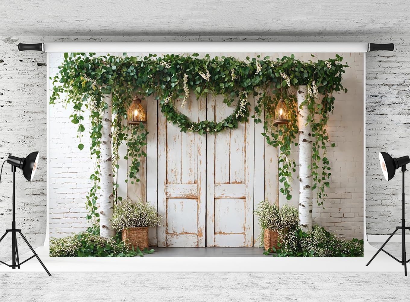 Kate 10x6.5ft Spring Plants Backdrop for Photography White Wood Door Background Photo Studio Props
