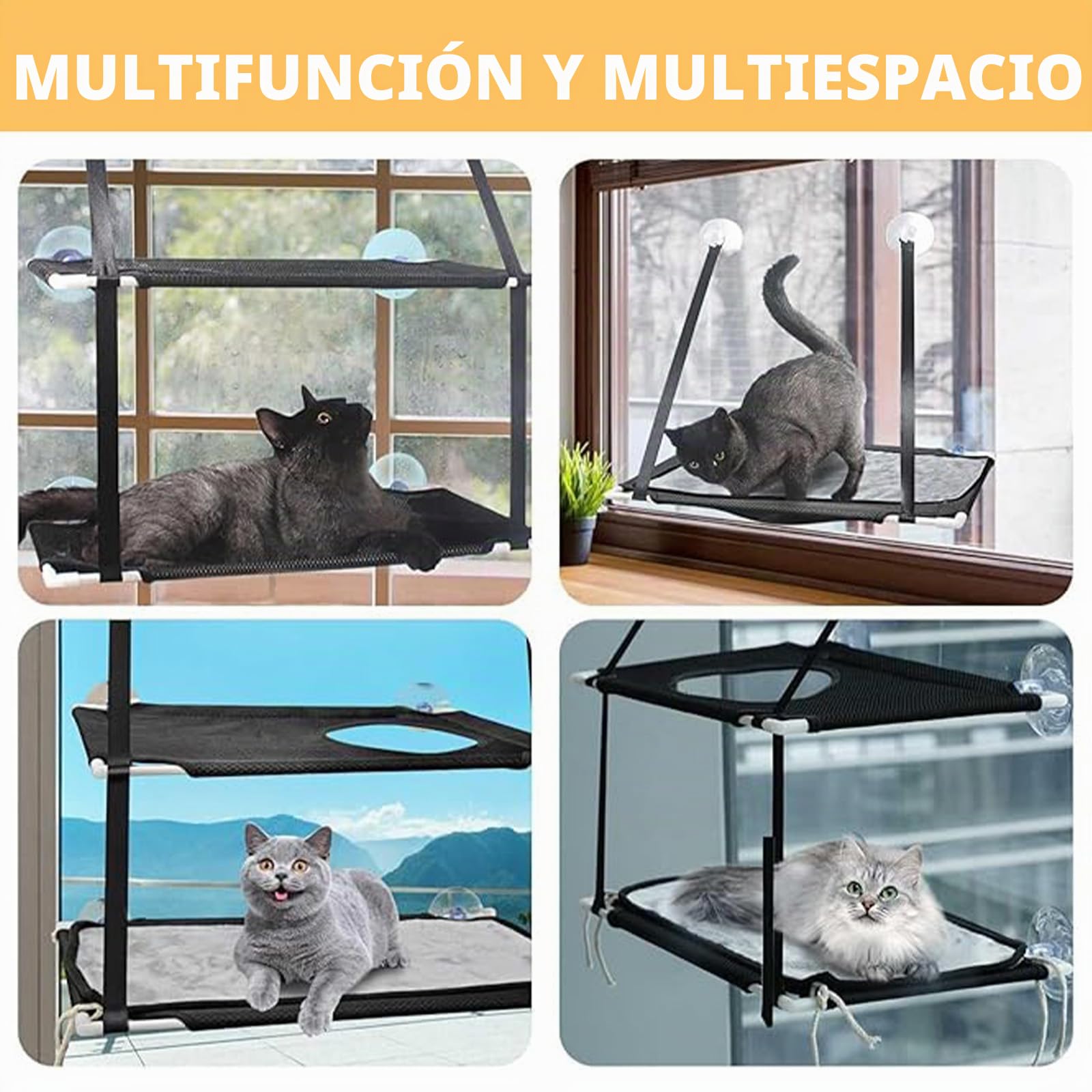 Doble Hamaca para Ventana de Gato,Asiento Soleado de Gatito con Fuerte Ventosa,Cama Colgante para Gatos,Soportar hasta 25kg,para Tomar la Siesta y Tomar el Sol