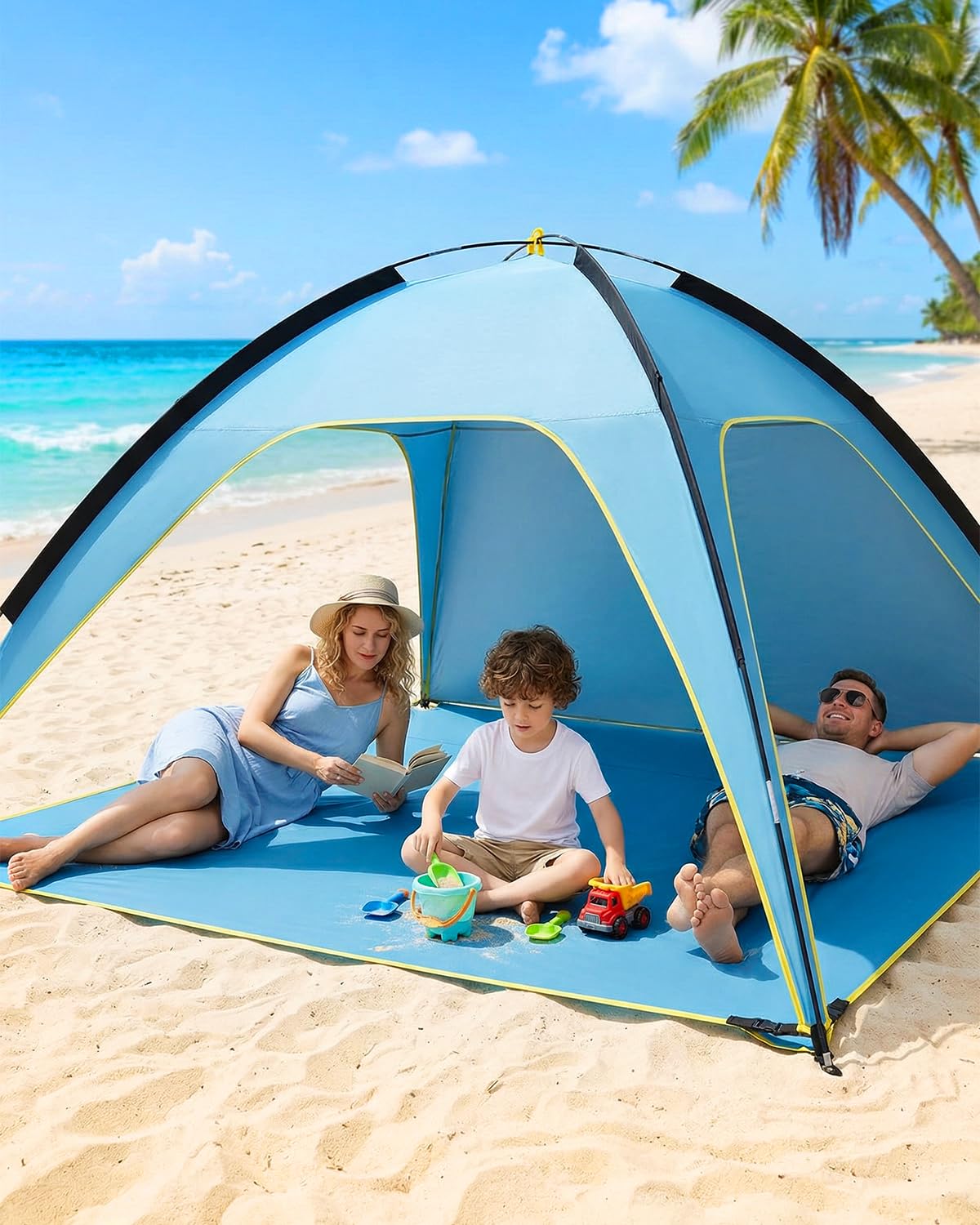 MYMULIKE UV50+ namiot plażowy, ochrona przed słońcem, 210 x 210 x 130 cm, dla 4-6 osób, poliester 190T, z drążkami z włókna szklanego 8 mm, przenośny, z workami z piaskiem / śledziami plażowymi