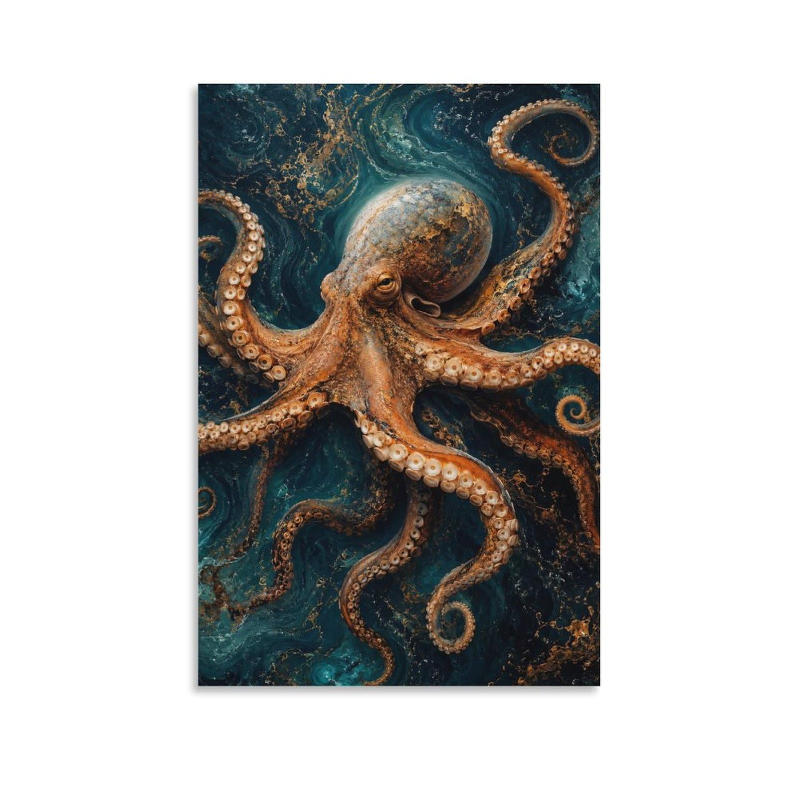 W7C8U2X3 Textured Ocean Octopus Canvas Wall Art, Ocean Fantasy Wall Art