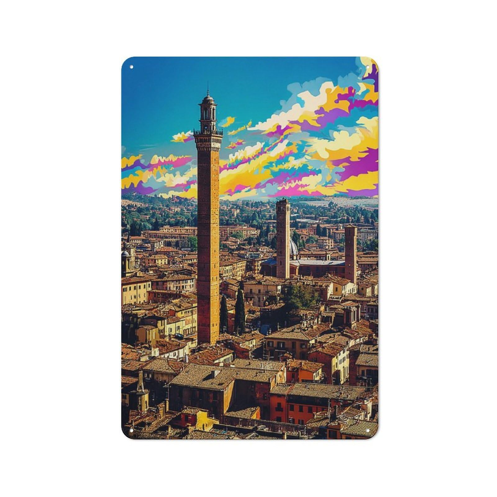 Junmoney Colorful Sky Over Historic Cityscape Vintage Tin Sign 30X20cm Featuring For Café Or Home Bar, A Metal Wall Feature For Cafés And Home Bars