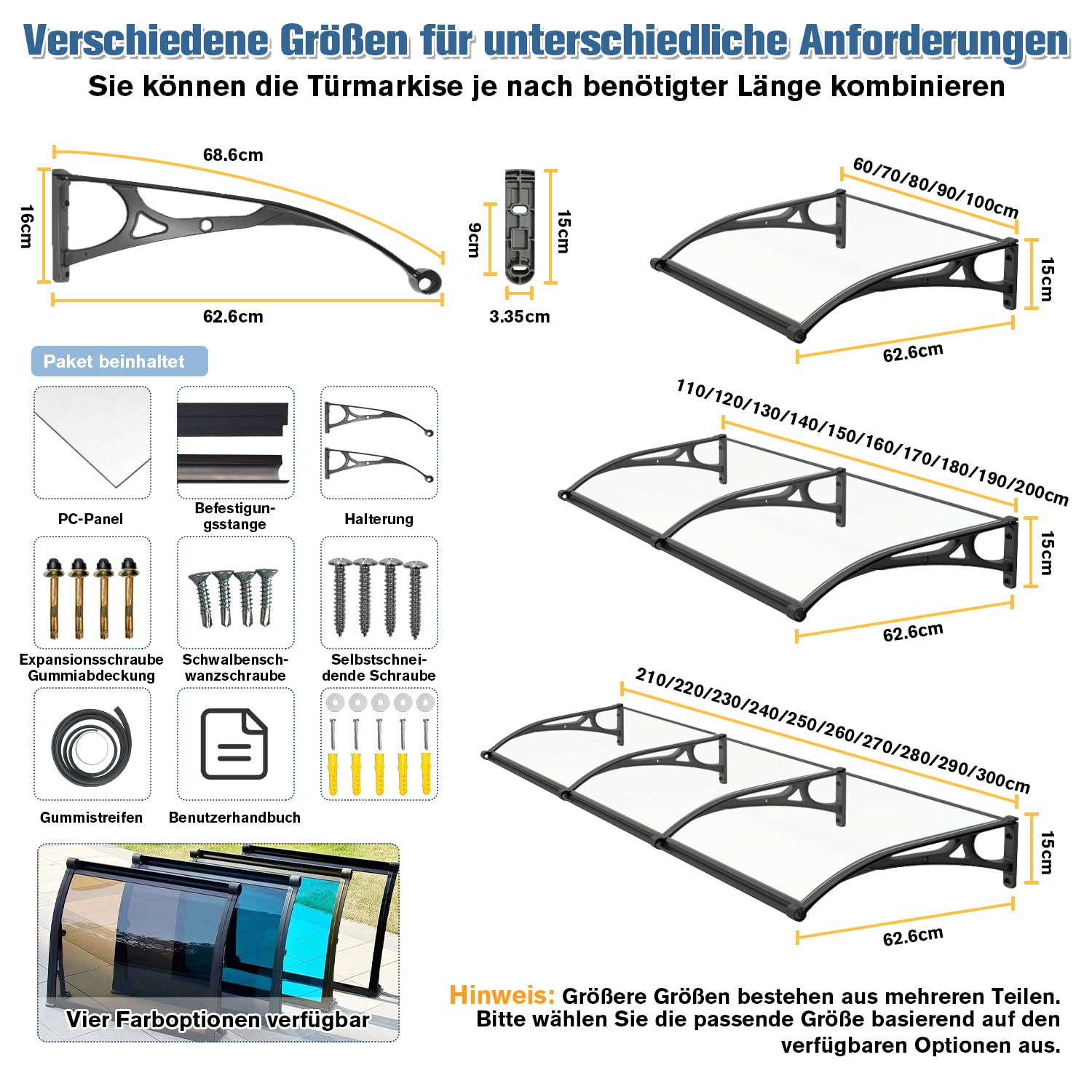 Vordach für Haustür Türeingang, Fenstertürmarkisen außen mit Aluminiumhalterung aus Polycarbonatplatte, Türmarkise für Terrasse, Balkon, Veranda, UV-Schutz vor Regen und Schnee, Grau 60x220cm