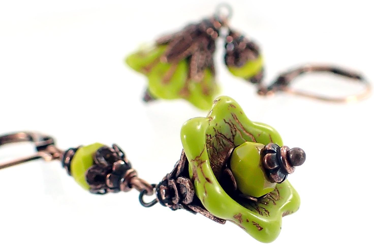Chartreuse Green and Copper Lever Back Flower Earrings