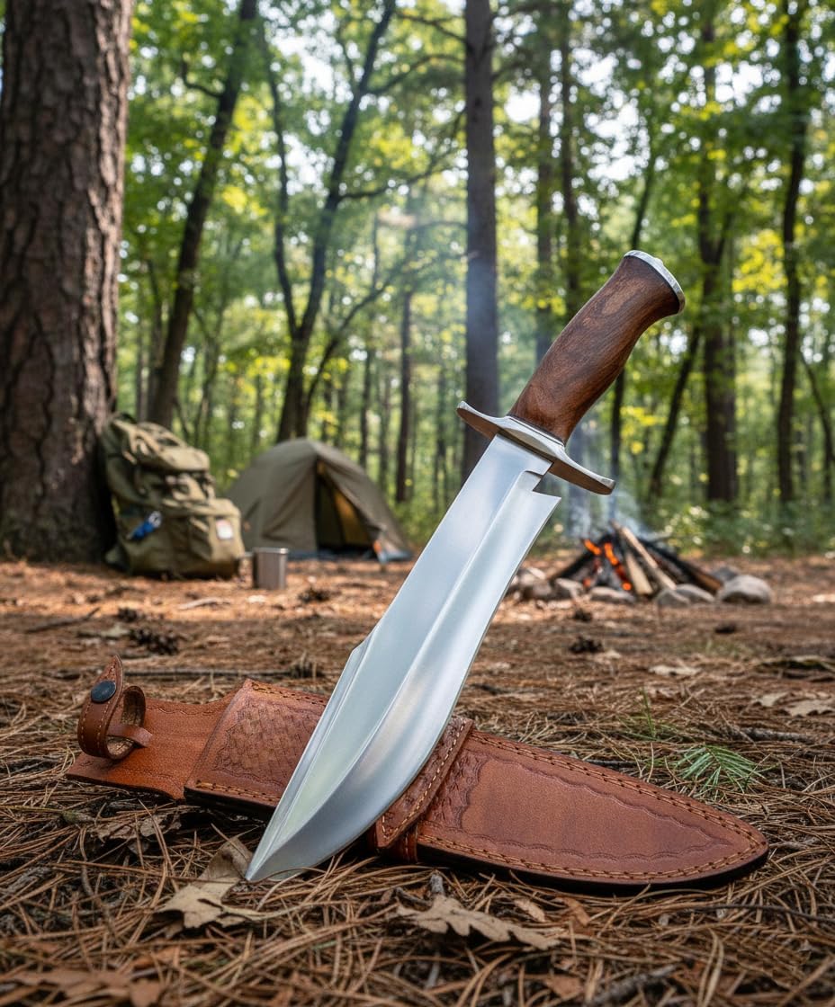 Handmade D2 Steel 15 Inch Bowie Knife with leather sheath - Survival Hunting knife with steel Guard, Rosewood Handle Ideal for Camping Bushcrafting Hunting & outdoor use