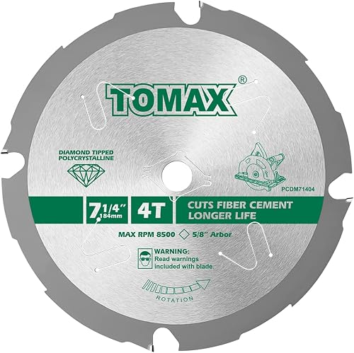 TOMAX PCDM71404 7-1/4 Inch 4 Tooth Polycrystalline Diamond Tipped (PCD) Hardie Fiber Cement Saw Blade with 5/8-Inch DMK Arbor