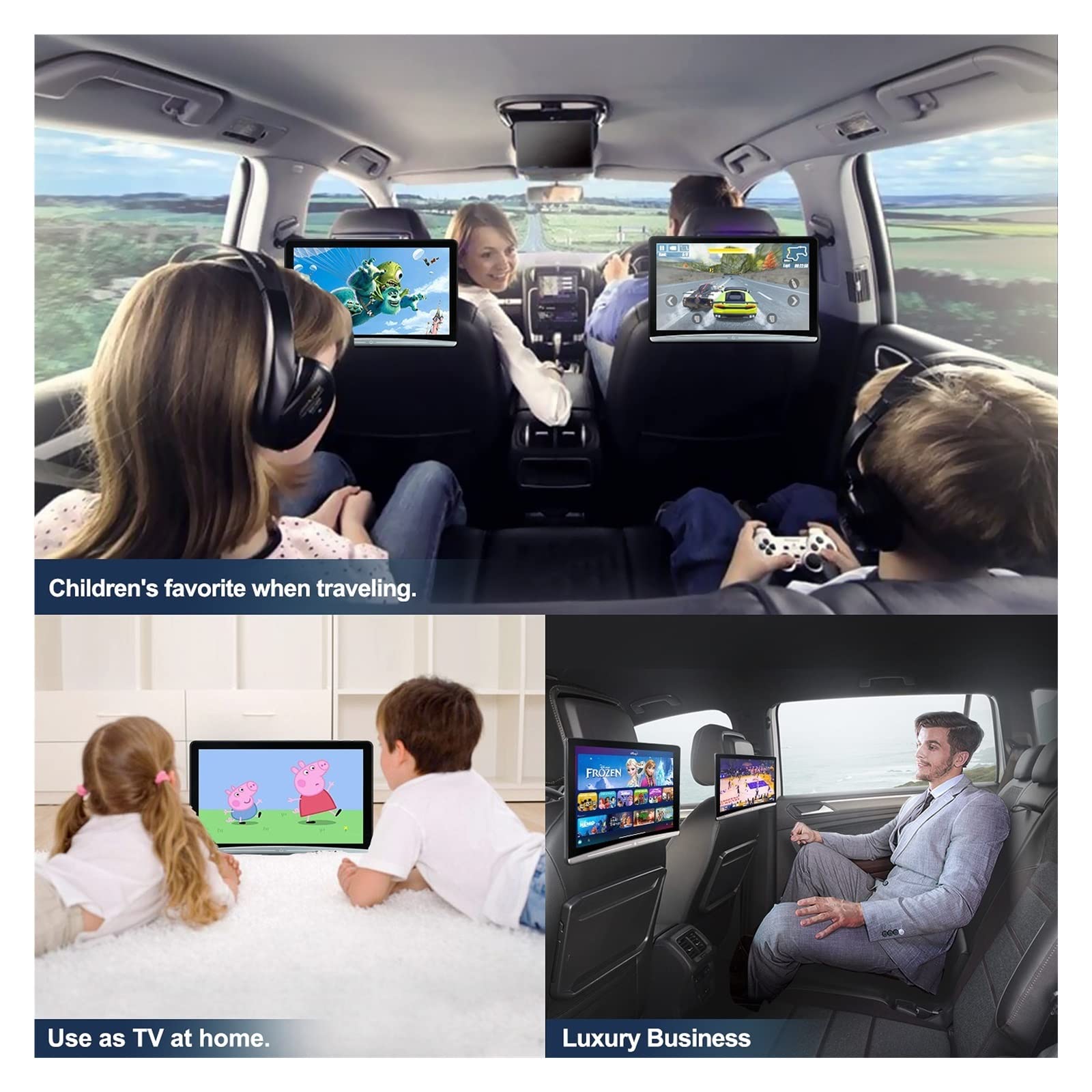 13,3 Pulgadas reposacabezas TV 4K Monitor de Coche Tableta multifunción Pantalla táctil WiFi/Bluetooth/USB/SD/HDMI Entrada FM Viajes Familiares por Carretera(2 Monitors 4G 64G)