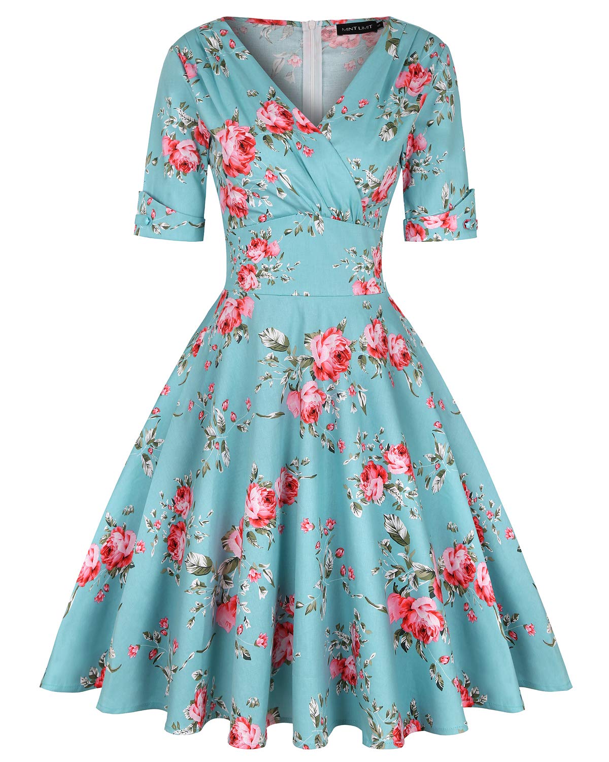 MINTLIMIT Women's 50s Vintage Autumn Dress V Neck Half Sleeve Floral Tea Cocktail Party A-Line Midi Dress (Floral Blue #B,Size S)