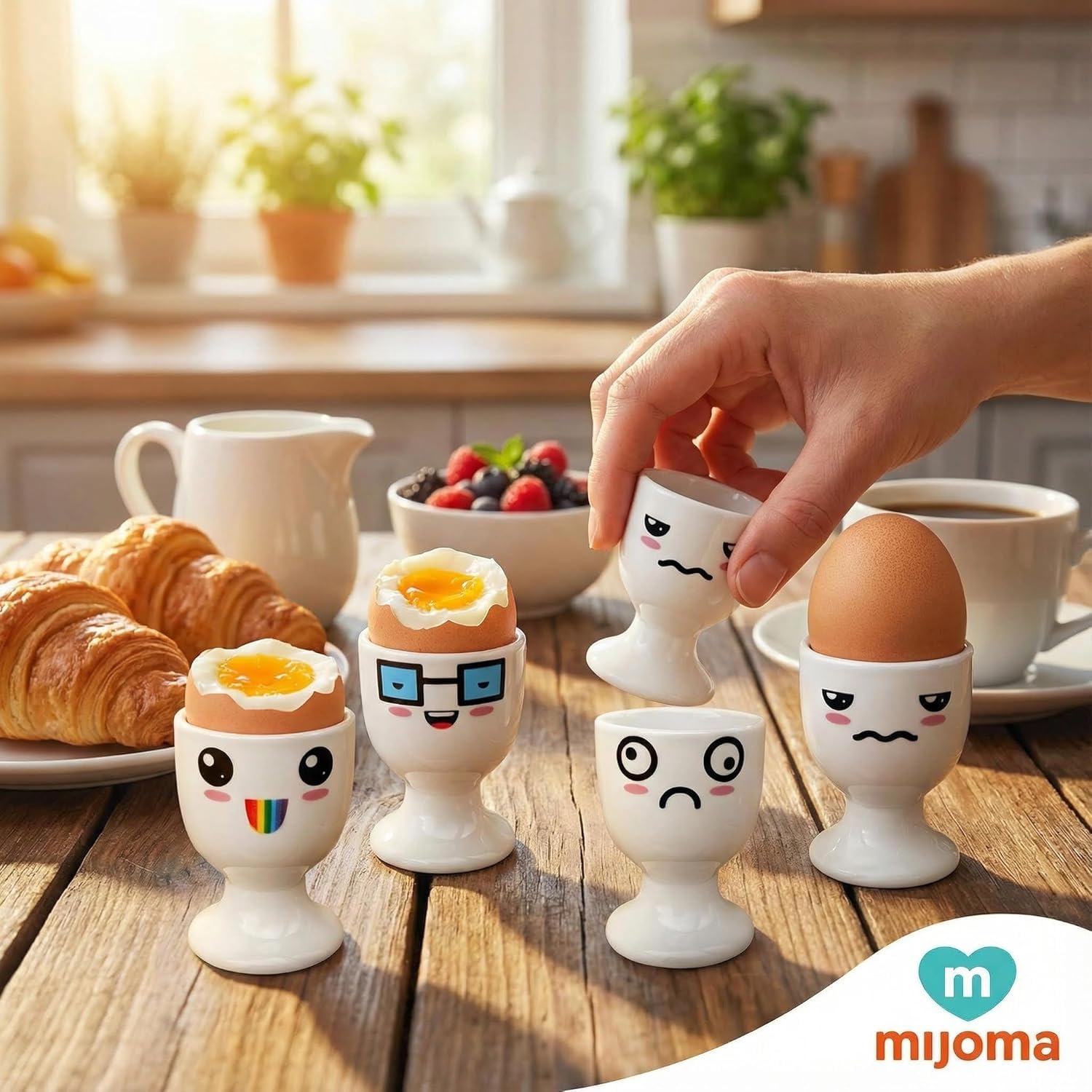 MIJOMA Set di 6 portauova, portauova, bianco con facce, decorazione #3, in porcellana, 6,5 x 5 cm