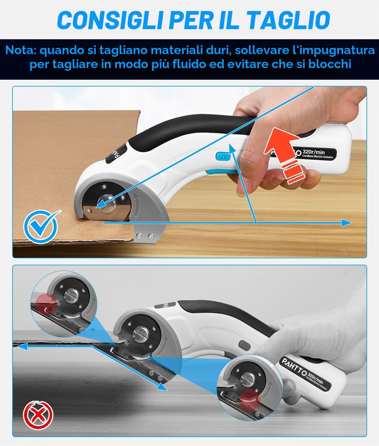 PAHTTO Forbici elettriche Taglierina per cartone 4V, 320 giri/min, taglierina rotante senza fili Taglierina universale Batteria con 2 lame autoaffilanti, per cartone, moquette, pelle, tessuto, PVC