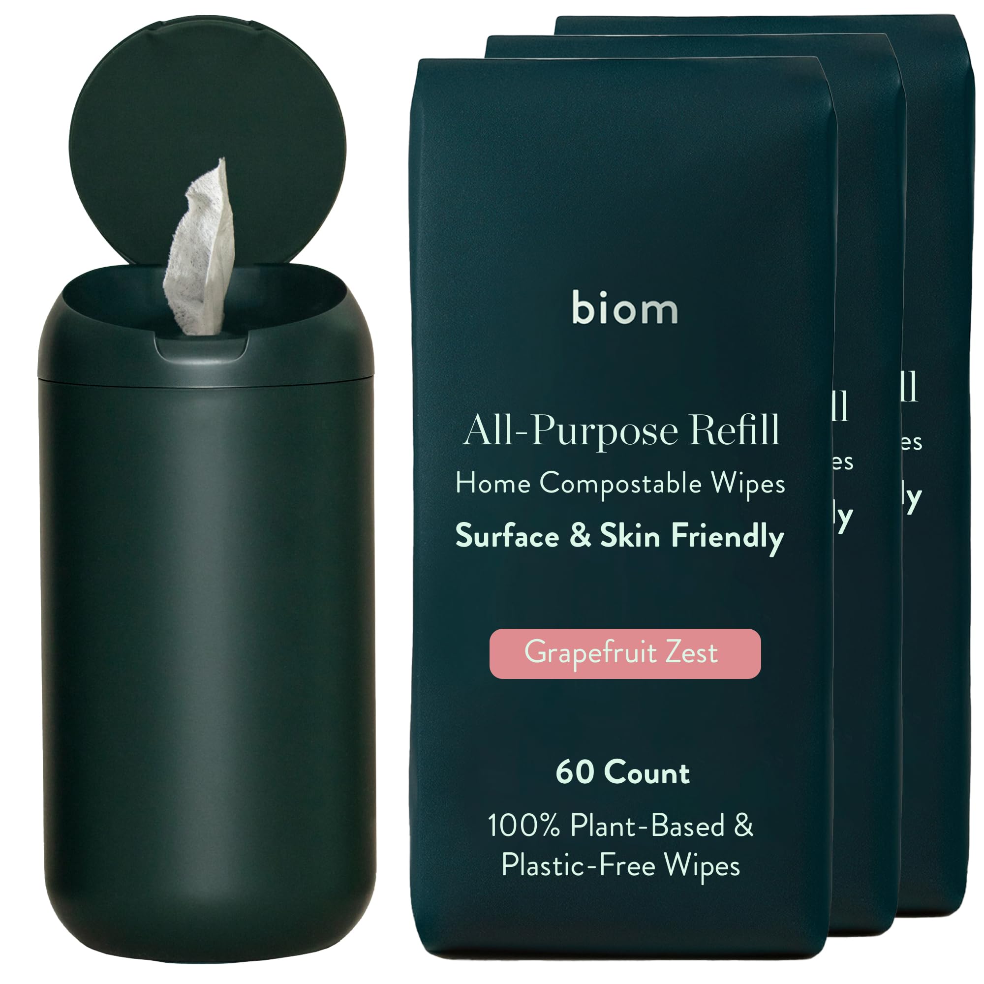 Biom Dispenser + All-Purpose Wipes Starter Kit - Non-Toxic Cleaning Wipes | Biodegradable Plant-Based Surface Cleaner for Home & Travel | Kid & Pet Friendly, All Natural (Hunter Green)