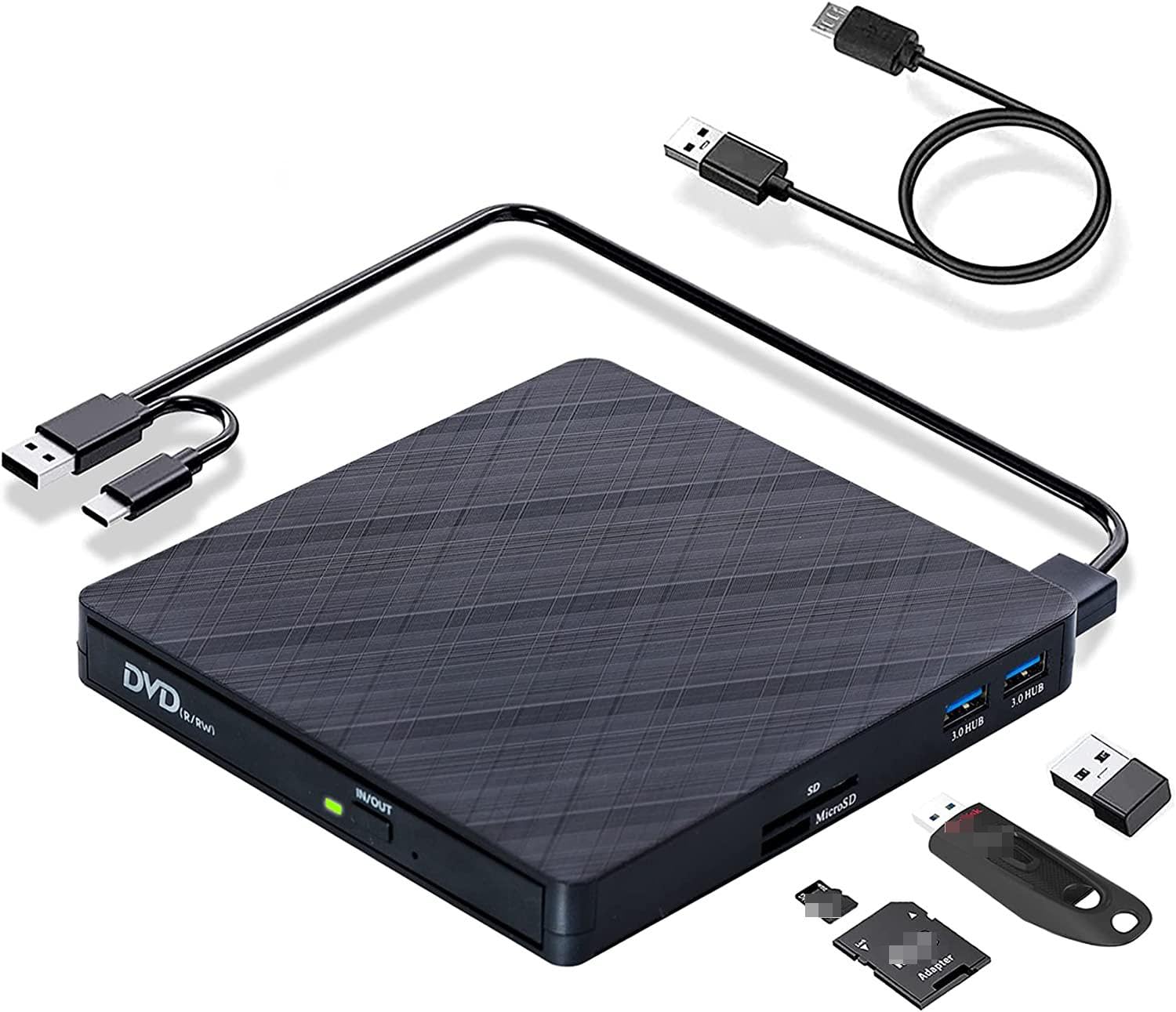 [5 in 1] External CD DVD Drive, CD Drive USB 3.0 Type C CD/DVD-ROM +/-RW External CD/DVD Drive Burner Adapter with 2 USB Ports SD/TF Card Solt for Laptop Desktop PC, Compatible with WindowsLinux