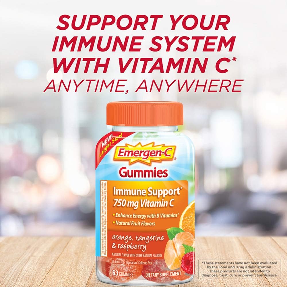 Emergen-C 750mg Vitamin C Gummies for Adults, Immune Support Gummies with B Vitamins, Gluten Free, Orange, Tangerine and Raspberry Flavors - 63 Count : Health & Household
