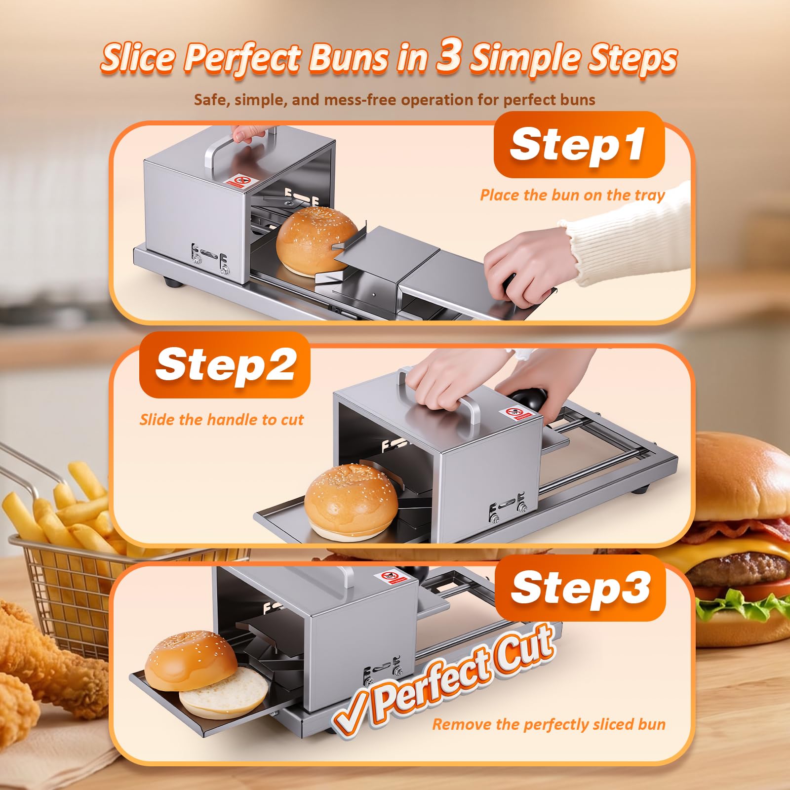 BAOSHISHAN Cortadora de panecillos para hamburguesas | Máquina porcionadora de pan y bagels, altura de corte regulable en 4 niveles