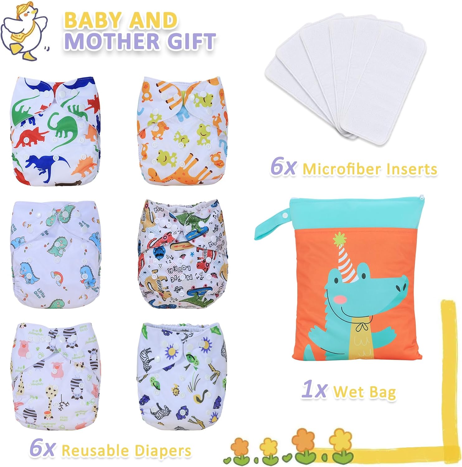 TDIAPERS Cloth Diapers Reusable Washable Pocket Diapers Cover One Size Adjustable for Baby Snaps Cloth Diapers Nappy 6 Pack with 6 Pcs Microfiber Inserts,1 Wet Bag