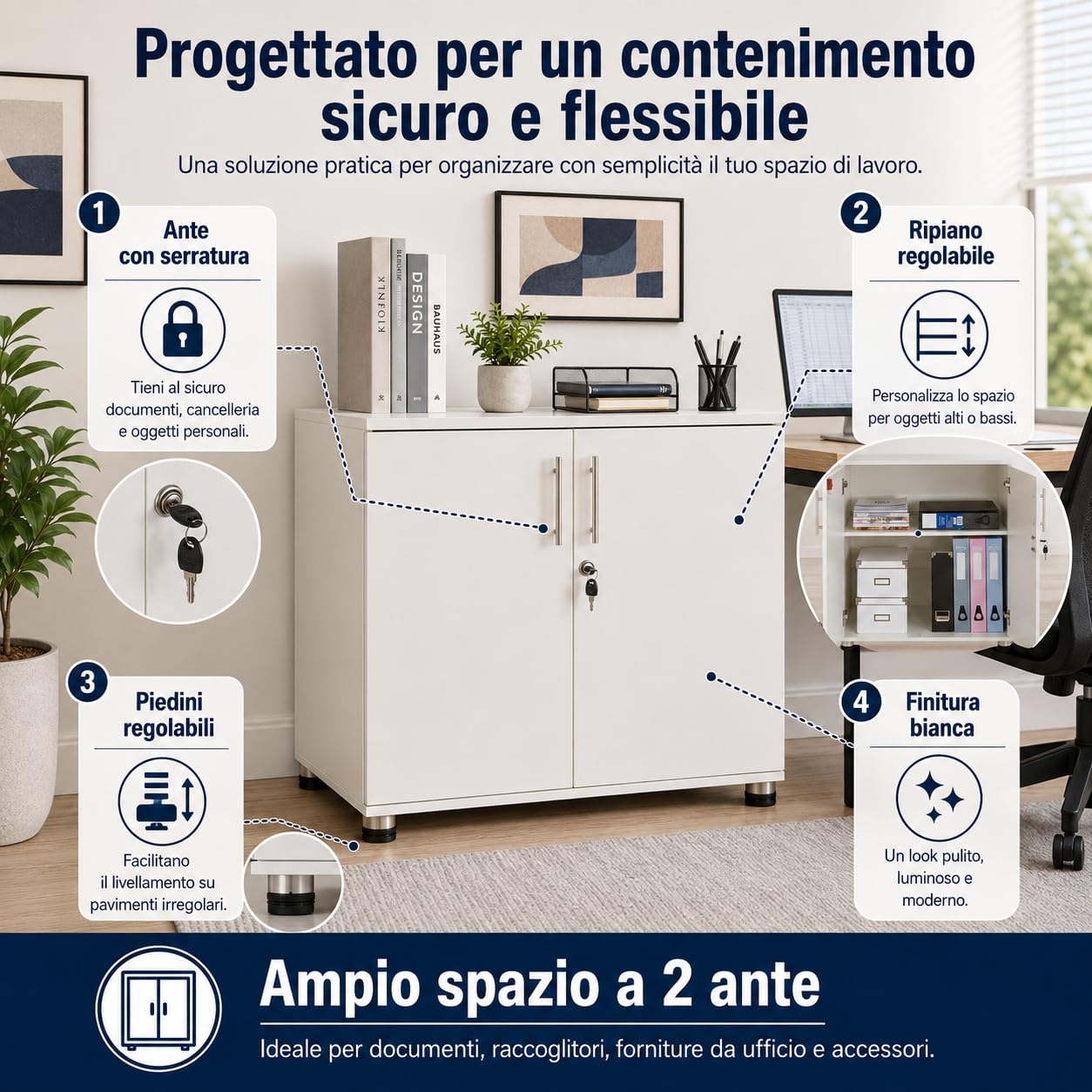 Ufficio Bianco Armadio Armadio scrivania 2 Ante libreria con Serratura Altezza 73 cm Estensione scrivania Altezza